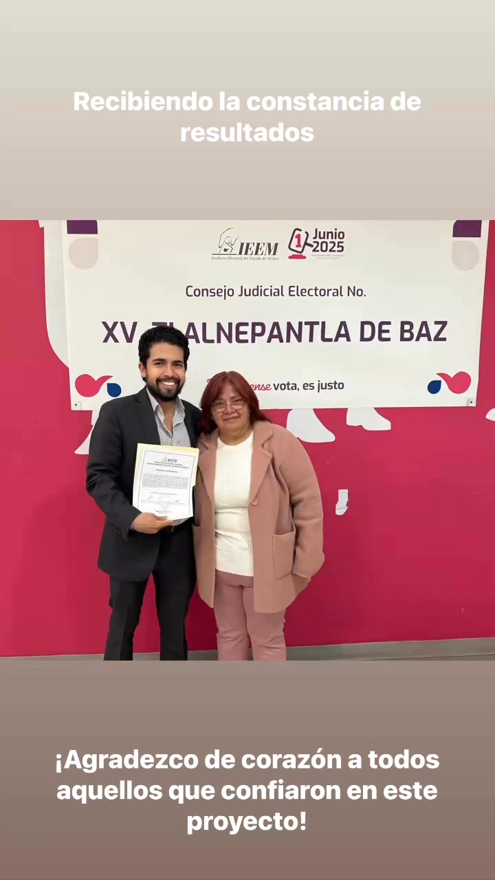 Me es grato compartirles que el día de hoy Recibí la constancia de resultados en la Junta Judicial XV de Tlalnepantla, y con ella, una muestra invaluable de apoyo que me llega al corazón, por lo que me siento profundamente agradecido y motivado Agradezco de corazón a todas las personas que confiaron en mí, que me escucharon, que me acompañaron en este proceso y compartieron conmigo con su voz, su voto y su confianza. Porque hoy no concluye un objetivo: hoy comienza un camino. Un camino para seguir luchando por una justicia más cercana, más empática y humana.Esta experiencia me reafirma que transformar la justicia en México es posible, y que vale la pena cada paso cuando lo das por y para ayudar a las personas.Esto apenas empieza. Gracias por ser parte de este proyecto.
