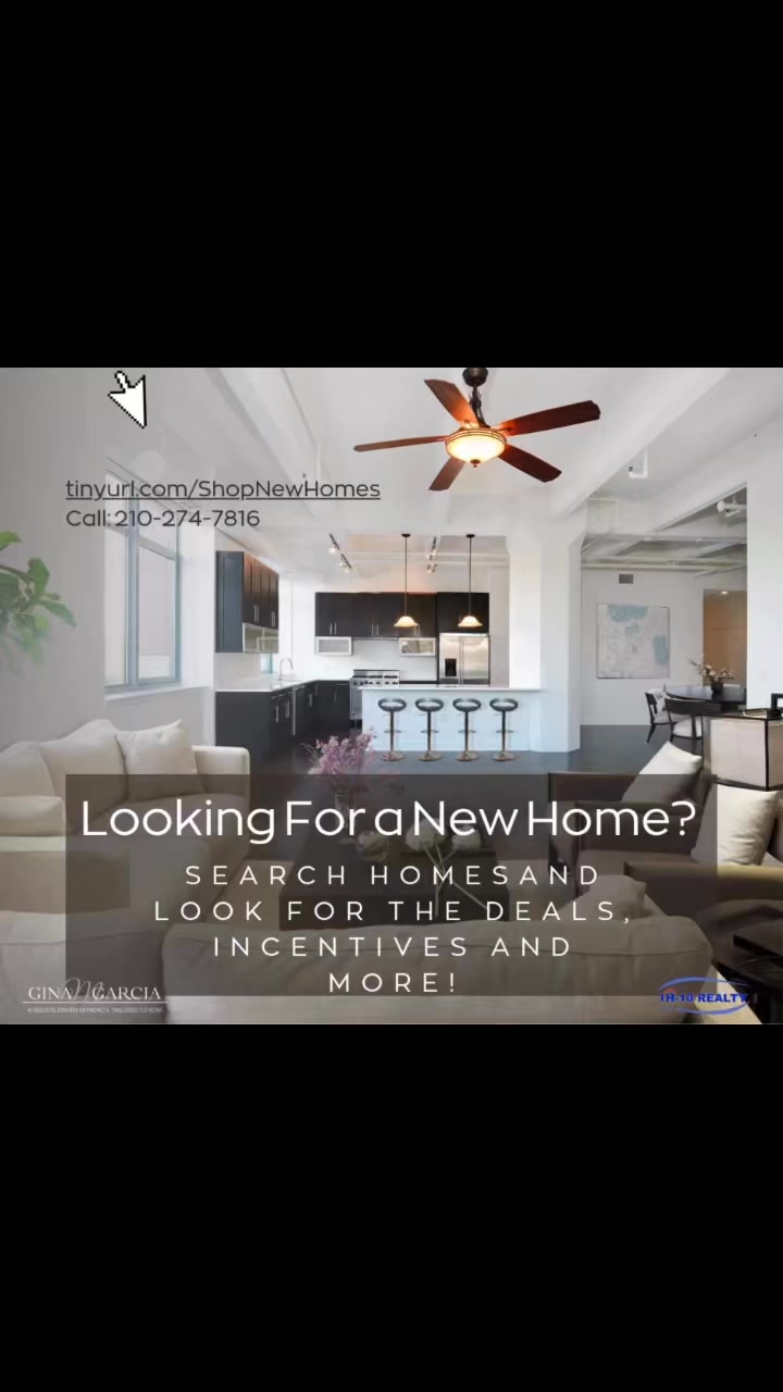 NEW HOMES MADE EASY!Discover your dream home at https://tinyurl.com/ShopNewHomes Search new construction homes in Bexar County and surrounding areas with ease. Our platform is FREE and lets you filter by: Incentives Price point Location Availability and so much more. Browse homes from top builders like Lennar, DR Horton, Highland Homes, Sitterle, and manymore! Start your home search today at https://tinyurl.com/ShopNewHomes and find your perfect match! You can also go to www.GinaGarciaRealtor.com and click on new construction for all the newest list of new construction coming soon. #NewConstructionHomes #SanAntonioHomes #HomeSearchMadeEasy #NewHomeSearch #HomebuyingMadeSimple #BexarCountyHomes!