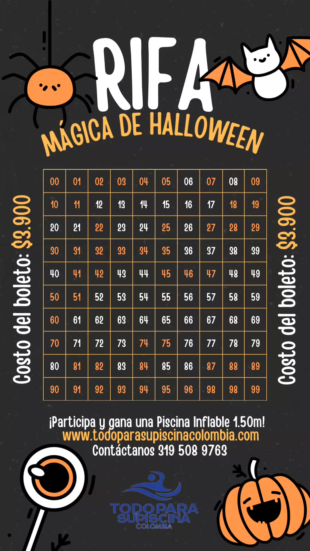 🎃✨ ¡RIFA MÁGICA DE HALLOWEEN! ✨🎃
⚪ Los números blancos son los disponibles
Cada boleta cuesta solo $3.900 💰
y puedes ganar una Piscina Inflable 1.50 m 💦
📅 Sorteo: 31 de octubre de 2025
🎲 Basado en las dos últimas cifras del premio mayor de la Lotería del Valle.
💬 ¡Elige tu número blanco antes de que se agoten!
Participa y disfruta este Halloween con estilo 🧡👻
