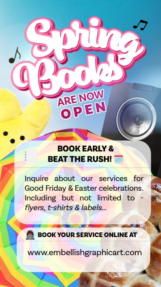 🎨 Elevate Your Brand with Creative Solutions! 🚀
🌸 Spring Bookings Now Open! 📚 🌸
Get ahead for your March and April events with our design and printing services!
Secure your spot now before it's too late.
🖥️ Book Online: www.embellishgraphicart.com
🚀 Don't miss out – limited spaces available! 🚀