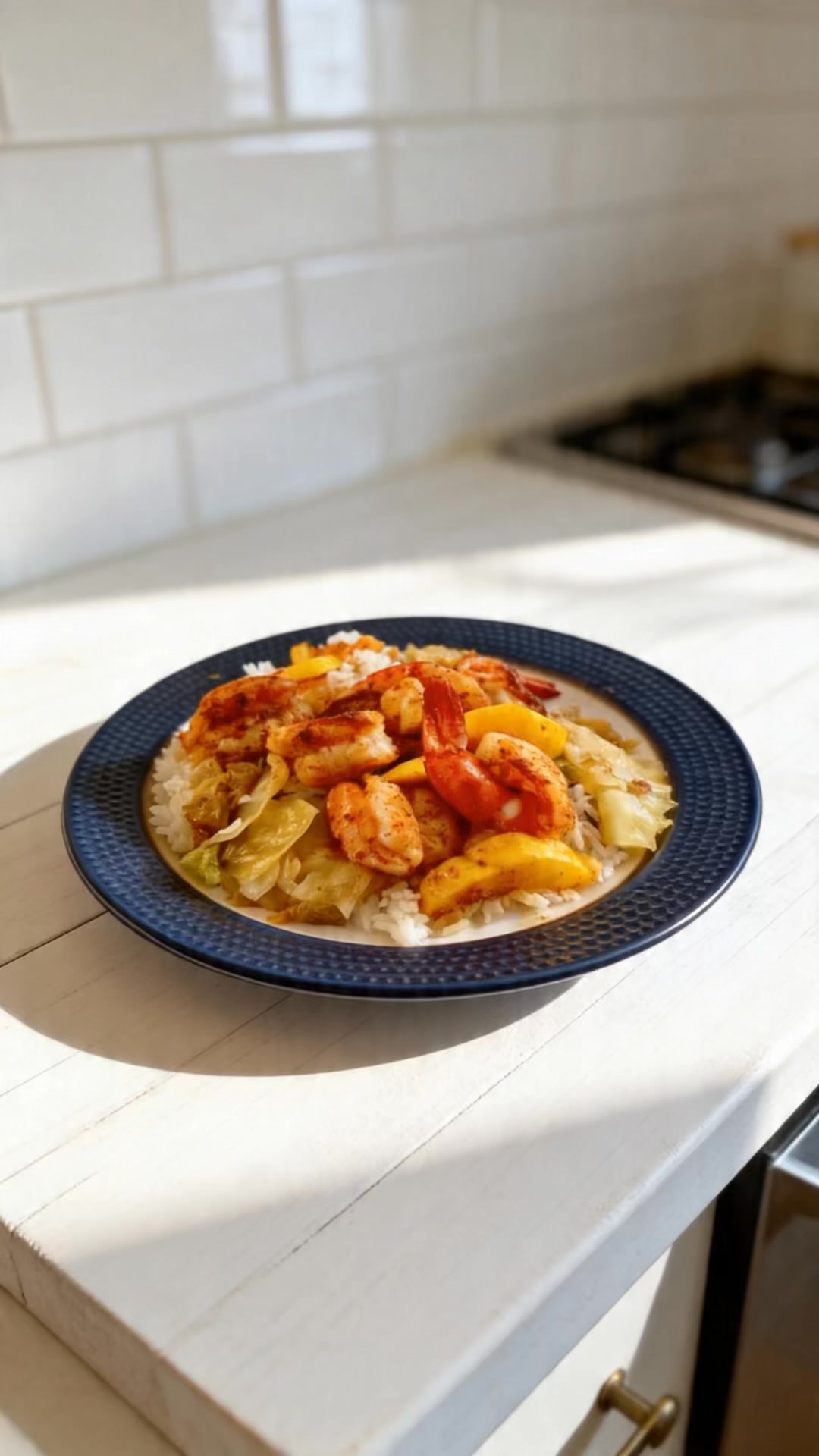 One of my specialties is culinary expertise, crafting dishes that please the palate with a judicious use of herbs and spices, rather than salt, to add depth and awaken the taste buds. The dish presented features sautéed shrimp, cabbage served over a bed of rice, garnished with lemon slices.
