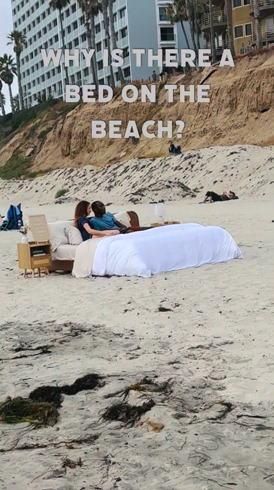 Caption this!!🤣🛌 I filmed this last week and I am wondering if we are going to see it in a commercial on TV sometime! 😆🙌🛌🌊 What’s your guess as to what this commercial would be for? Sheets? Pajamas? The bed? “Sleeping in these sheets are so luxurious. It will feel like the ocean waves running over you all night!”🤷♀️ #PacificBeach #BeachLife #FilmSet #BehindTheScenes #OceanVibes #CaliforniaLife #WhatsBeingFilmed #SanDiego #BeachAesthetic #Cinematic #RandomMoments #LuxuryLiving