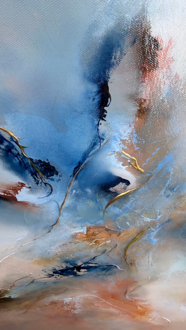 This is one of two new pieces of work that are on their way, and it’s perhaps the softer of the two.
As always, I’ve been inspired by nature, but I don’t want to simply paint a seascape or a skyscape. I’m much more interested in the power and strength within nature. Its resilience, but also its gentleness.
That contrast is something I find myself returning to again and again, because I think it reflects us too.
We can be strong and resilient, while at the same time having a side to us that is gentle, sensitive and vulnerable.
With All My Dawns, I wanted that softer side to come through. Sienna and warm creams sit alongside gentle blues, with darker, sharper blue bringing a little more energy into the piece.
The heavily textured surface adds another layer, with some of the raised marks taking on the appearance of threads. I’ve painted some of those threads in gold, so they catch the light and become part of the painting as you move around it.
For me, this piece is about strength, but not strength that has to be loud.
It’s about the strength in starting again, in moving forward and in remaining soft even when life asks us to be strong.
All My Dawns will be released soon.
If you’d like to be the first to see it, join my newsletter and I’ll share the painting with you before it’s released publicly.