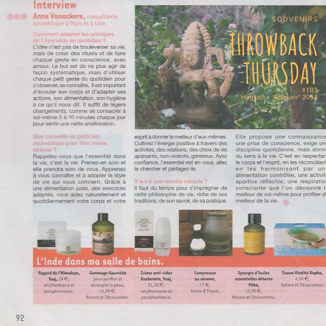#TBT 2006 interview pour le magazine RAJEUNIR ... les années passent, l'intérêt pour l'Ayurveda grandit, et c'est tant mieux les conseils ayurvédiques sont éternels !
🙏🏼 créer des rituels, faire chaque geste en conscience
🙏🏼 observer le corps et répondre à ses besoins
🙏🏼 adopter le style de vie qui nous convient
🙏🏼 prise de conscience, discipline quotidienne
🙏🏼 donner un sens à la vie
Prenez soin de la vie et elle prendra soin de vous
L'essentiel est en vous, allez le chercher et partagez-le !
Vous avez déjà fait l'expérience des bienfaits de l'Ayurveda ? Vous avez rencontré des difficultés dans la pratique ? Parlons-en en commentaires !
Sciences et spiritualité de l'Inde : découvrez les enseignements et les pratiques et comment les intégrer facielement à votre quotidien pour booster votre énergie physique et mentale, réaliser tous vos talents.
Que votre lumière intérieure illumine toute votre vie
www.casaveda.online #ayurveda #bilanayurvedique #ayurvedacoach #remiseenforme #detox #amincissement #regeneration #energiepositive #ayurvedaphilosophie #yoga #yogachezmoi #yogatherapeutique #yogacoach #yogaphilosophie #ayurvedicyoga #etreenforme #bonneshabitudes #nouvelleaquitaine