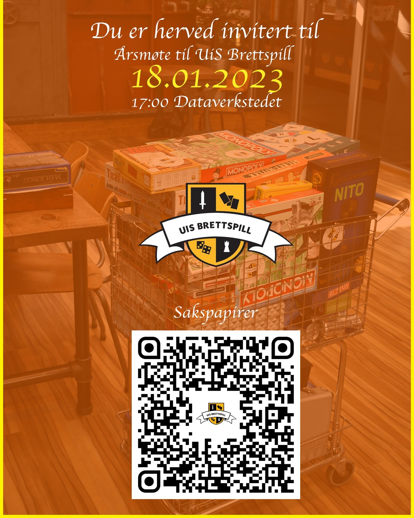 Velkommen til årsmøte neste onsdag! Her finner du sakspapirene: https://drive.google.com/drive/folders/1kQBSKsCn9OON_ldeGxBstfrrPJOrerJc?usp=sharing
Du kan også skanne QR-koden på bildet nedenfor.
Om du har noen innvendinger eller forslag til saker til Eventuelt, så ta konktakt med oss på e-post uisbrettspill@gmail.com :)
Velkommen, håper vi sees!