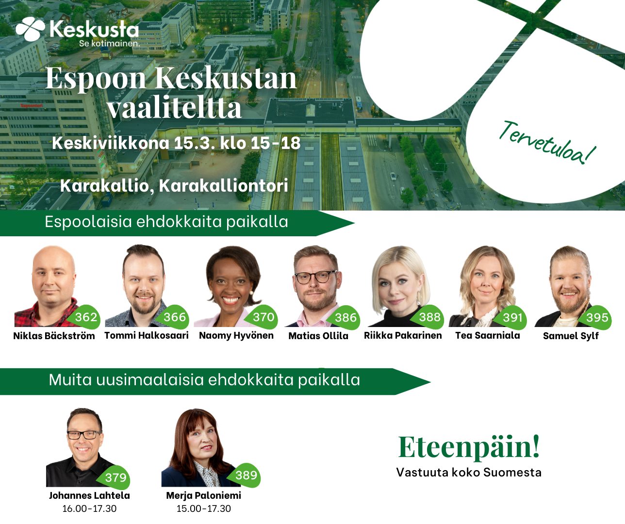 Tervetuloa keskustelemaan! Tulemme ke 15.3. klo 15 -18 luoksesi Karakallion torille! 🍀 Eteenpäin! 🍀