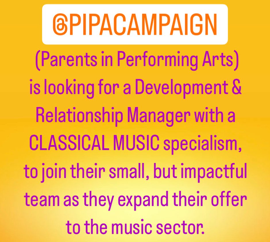 Fantastic job opportunity working with @pipacampaign , helping to improve the working lives of parents and carers working in classical music.
Apply by July 10th
#operasingersofinstagram #operasinger #opera #classicalmusicians #parentsinperformingarts #parentsinperformance #operamum #operadad #musomum