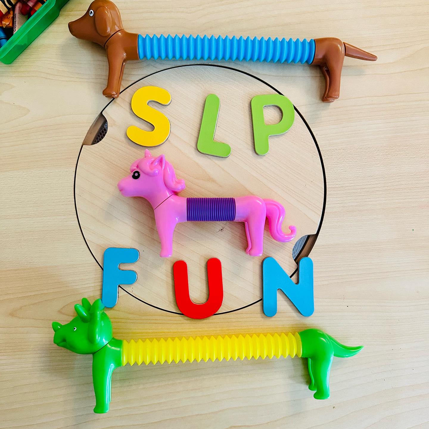 These animal stretchy tubes (scored at Target) can be used to add pizzazz to your playroom or therapy room 😉
Great for working on
👉🏻descriptive language
👉🏻comparatives
👉🏻verbs (stretch, shrink, push, pull, walk, run, etc
👉🏻 pretend play!
Scroll to the end to see how I used the awesome(and free) app “ChatterPix Kids” to amp up the silly fun! 🦒 😃
•
#speechie #speechpathology #pediatricspeechtherapy #ashaigers #slpeeps #slpsofinstagram #speechtherapy #slps #speechtherapyideas
#slplife #autism #speechdelay #languagedelay #apraxia #ellicottcity #parenttips #playtolearn #playtherapy #cas #apraxiaofspeech #speechsparkslp #stlslp #pediatricslp #atlslp #teletherapy #telepractice #mdslp #speechlanguagepathology #slp #speechlanguagepathologist