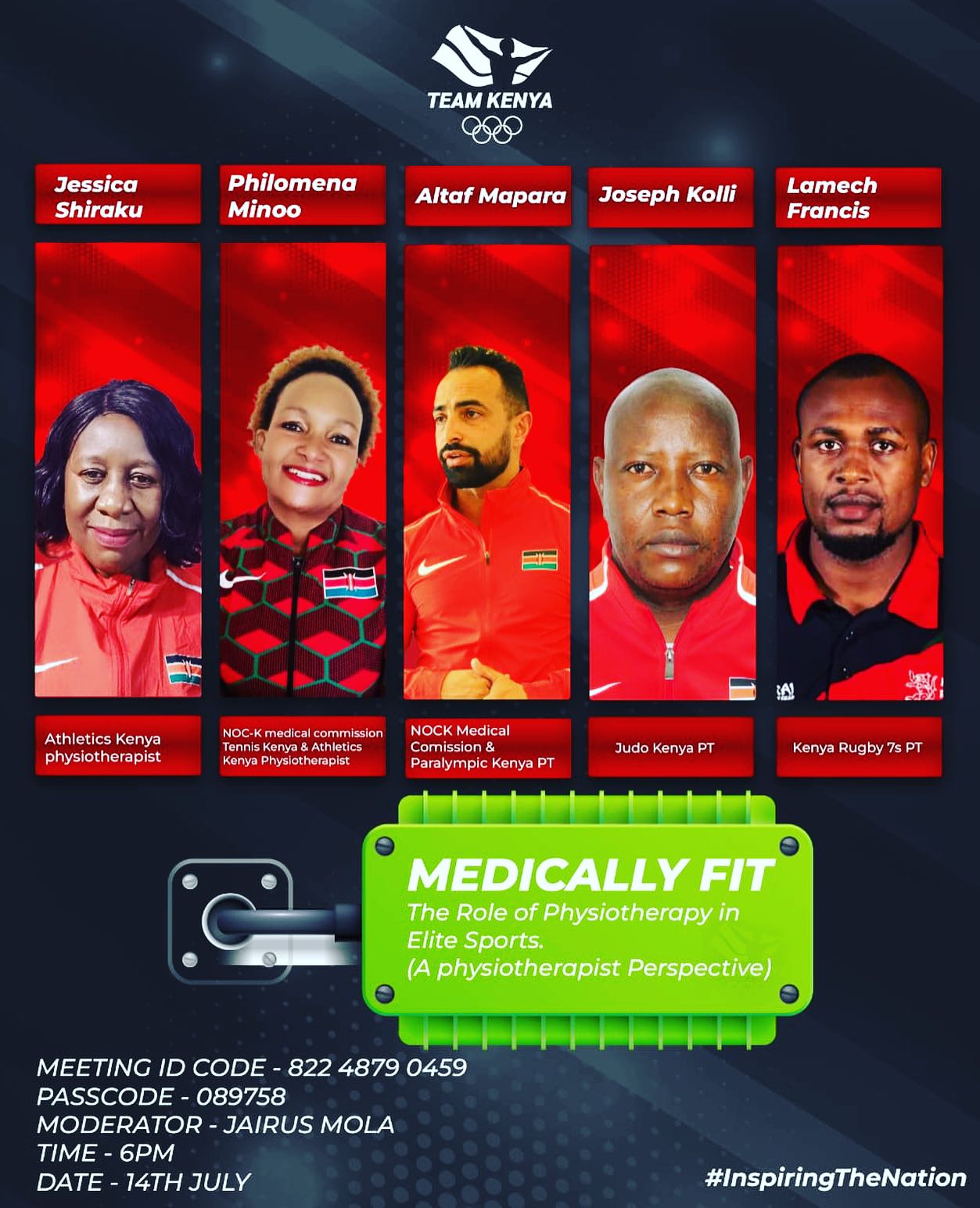 Tune into the @officialteamkenya medical webinar series with Elite Athelete Physiotherapist @jessi4e @minoophilomena @lamech_2030 @amptkenya and @jose_kolli speaking about the role of physiotherapy in Elite Sports! https://us06web.zoom.us/j/82248790459?pwd=MVRqMHZiUnpuRC91WVNJVHBtek83dz09