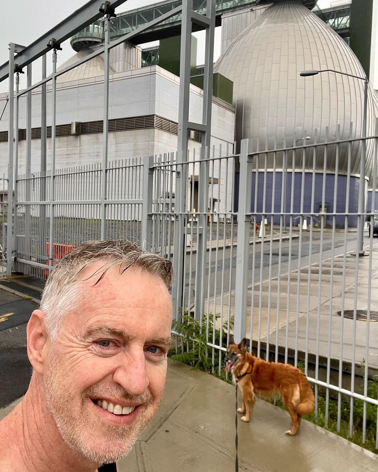 Tried to beat the rain, but ended up loving it. Really made me happy for some reason, and Fulana just wanted to run. (1.4 miles.)
Stopped for a pic in front of the giant eggs in my hoodāwater treatment plant on the site of one of the largest oil spills in history. (17-30 million gallons, over at least 30 years. Now a superfund site.)
The 1st large oil refinery in the US was built here around the civil war, and 50 more refineries followed: the largest in the US for decades. (Wasnāt JD Rockefellerās idea, but he quickly gobbled it up, by force.)
Hard to imagine now. But oil was discovered in PA, and instead of refining right where it was produced, they did it where it consumed, supplying the whole eastern US.
(I knew none of this until I moved here, and dove into the history. Fascinating stuff.)