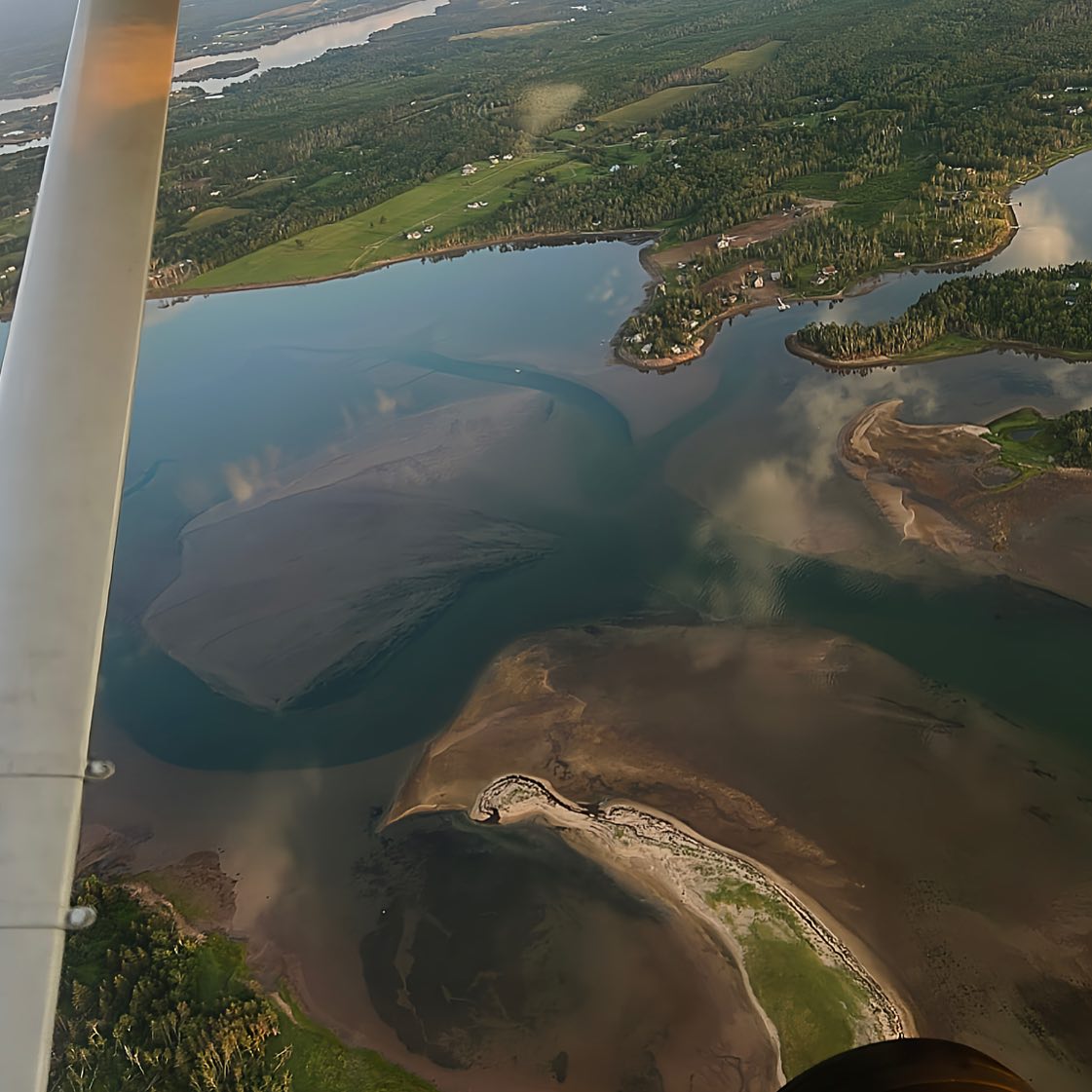 Every day we get asked how deep the bay is, our answer is waist deep throughout except for a narrow channel off Roy’s Island. You can see it here captured from the sky at mid tide last evening.