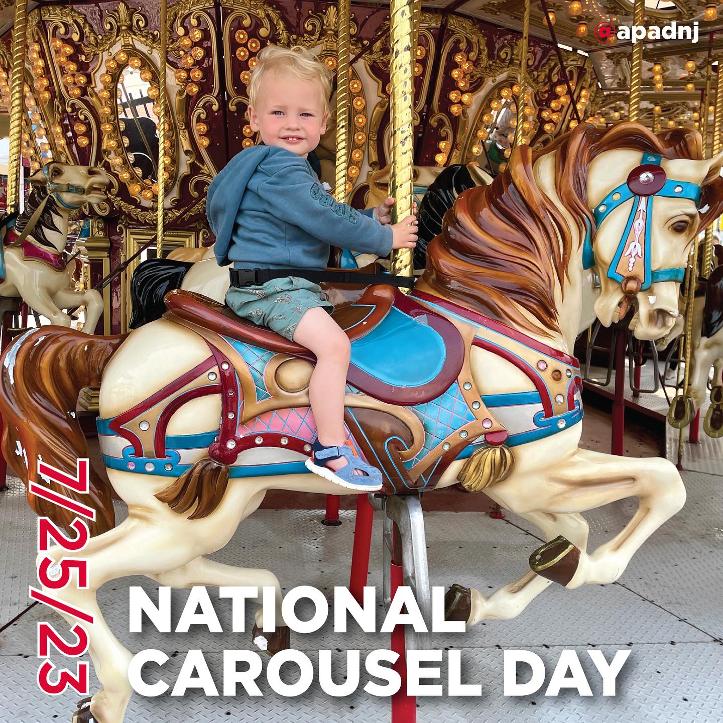 Today is celebrated at many carousels, particularly at antique wooden ones, and locations that house carousels, on the anniversary of the date that William Schneider of Davenport, Iowa—considered to be the inventor of the modern carousel—was issued a patent for his carousel. The main objective of National Carousel Day "is to direct attention to the hundreds of historic carousels still bringing joy to riders."
Somewhere between 4,000 and 6,000 wooden carousels were carved between the 1870s and 1930—the "golden age of carousels"—and of them, only about 160 remain. The most prominent manufacturers of these handcrafted and hand-painted historic carousels were Looff, Dentzel, the Philadelphia Toboggan Company, Herschell, Illions, and Parker.
Carousels are one of the world's oldest amusement rides. They have a platform that revolves around a stationary center pole. The platform has seats for riders, usually shaped like animals, most often like horses. The animals are mounted to poles and may be "standing figures," with at least 3 of their feet on the ground, "prancers," with their 2 front feet in the air, or "jumpers," with all 4 of their feet in the air. Jumpers are mounted to poles that move up and down. Circus music usually plays from band organs. Carousels are often called merry-go-rounds, although a "merry-go-round" may also refer to a smaller piece of playground equipment with a revolving platform. Carousels go by other names—often determined by where they are located in the world—such as jumper, galloper, roundabout, horseabout, "flying horses," and hurdy-gurdy.
The inspiration for carousels came from jousting and cavalry games of the 12th century. Horsemen or knights rode in a circle and threw breakable balls of perfume to each other. These were exercises in preparation for real battles. The game was called "the little battle"—in Italian, this was "garosello" and in Spanish, it was "carosella." In the 17th century, it shifted to a game where horsemen speared and ripped off rings hanging overhead from poles. Eventually, simulations of these carousel games were made for children using small wooden horses.
Ride a carousel today!
#nationalcarouselday