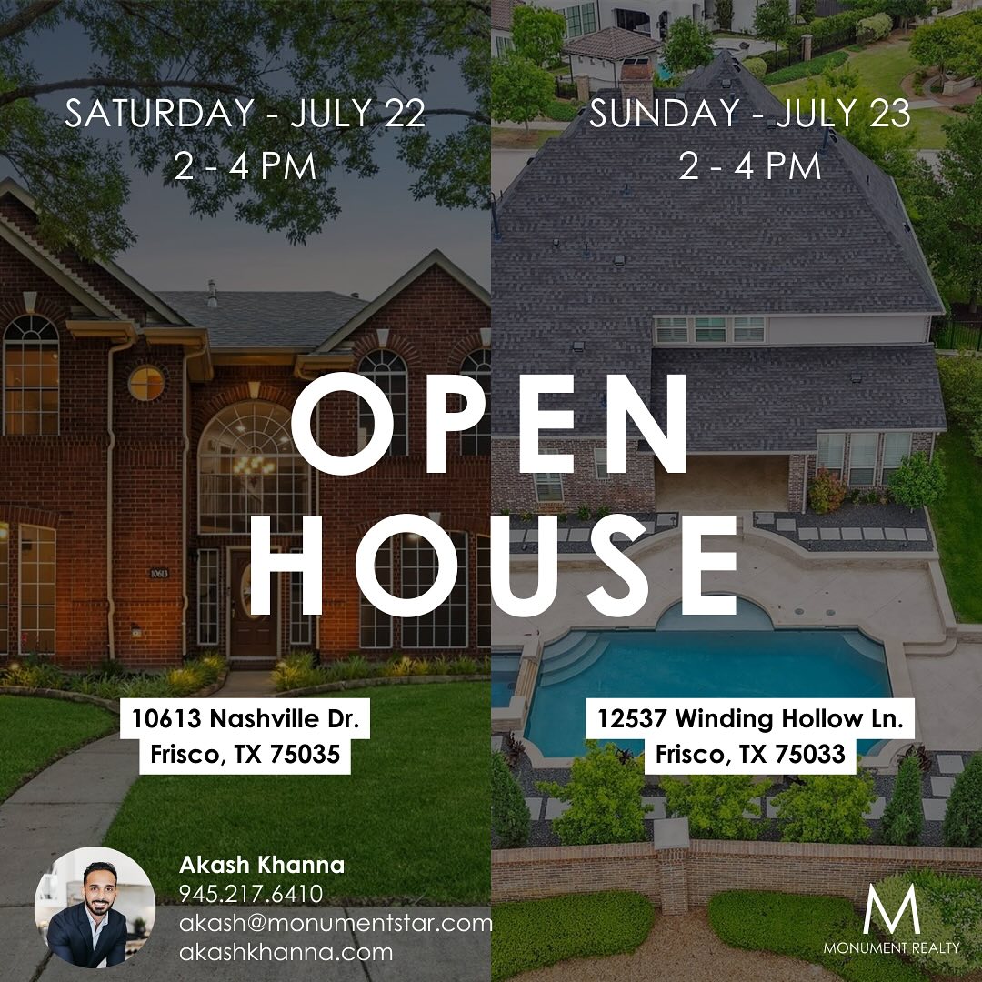 ⭐️2 OPEN HOUSES THIS WEEKEND and BOTH RECENTLY REDUCED⭐️
🏡 Join me this weekend for not one, but TWO exciting Open Houses! 🎉 Whether you’re looking for your dream home or curious about the real estate market, don’t miss this golden opportunity!
July 22 | Saturday | 2 - 4 PM
10613 Nashville Dr., Frisco, TX
4 Beds | 3 Baths | 2,750 Sqft
Reduced to $675,000
July 23 | Sunday | 2 - 4 PM
12537 Winding Hollow Ln., Frisco, TX
5 Beds | 4.2 Baths | 4,435 Sqft
Reduced to $1,390,000
#OpenHouse #RealEstate
#WeekendVibes #DreamHome #HouseHunting #Frisco #Dallas