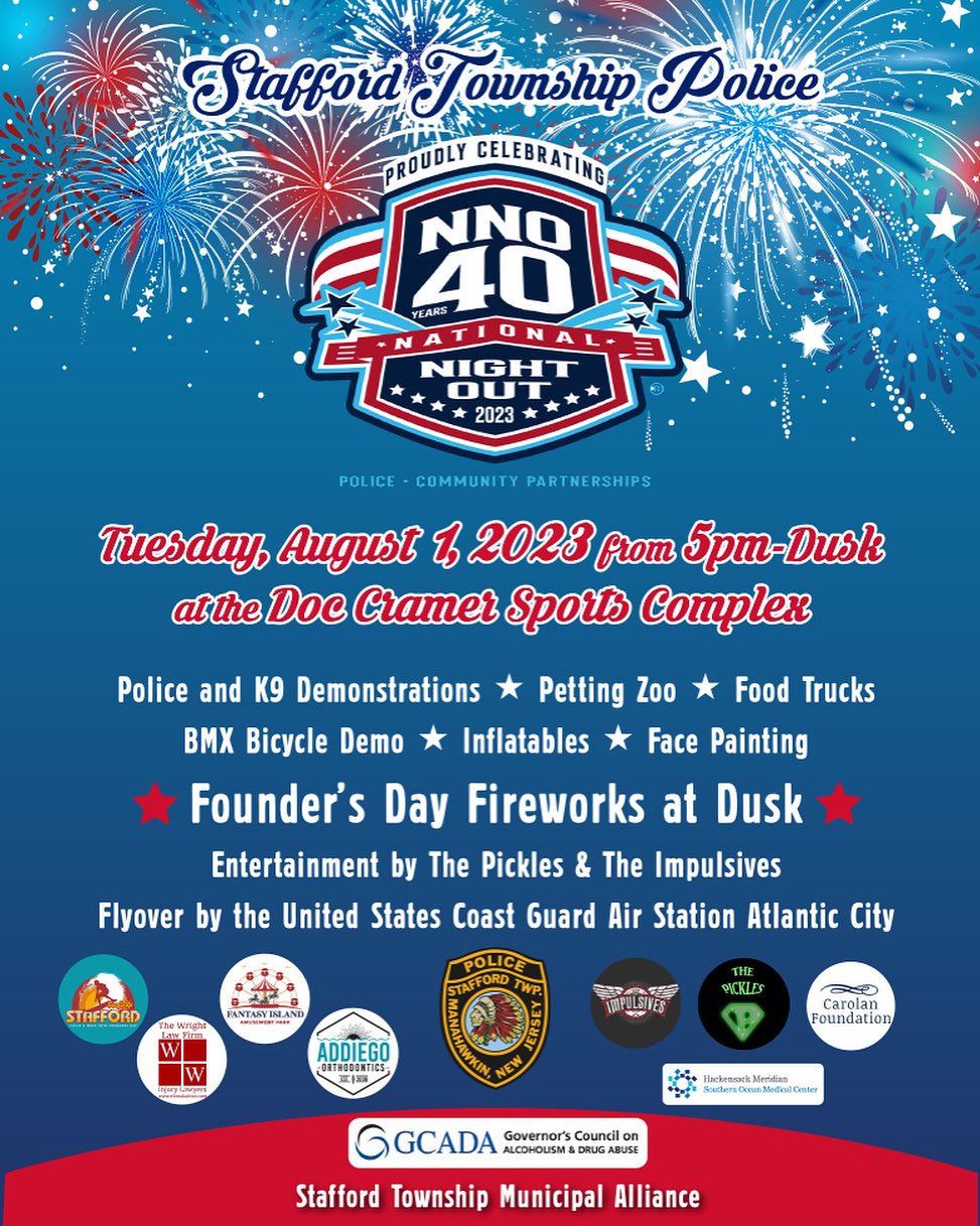 National Night Out is dedicated to building relationships between communities and law enforcement. The day and the events that take place on it bring together police and neighbors under positive circumstances. It is also designed to raise awareness about police programs in communities, such as drug prevention programs, and town and neighborhood watch. National Night Out is held on the first Tuesday in August, except in Texas and a few other locations, where it is celebrated on the first Tuesday in October.
The idea for the day started with Matt Peskin. In 1970, he began volunteering for a community watch program in a community outside of Philadelphia, Pennsylvania. This led him to eventually start the National Association of Town Watch (NATW) in 1981. The group exists "to provide community watch groups the necessary information, resources, and assets to stay informed, interested, involved, and motivated within the community." In 1984, NATW started National Night Out. That year, 2.5 million people in 400 communities in 23 states took part. It began with front porch vigils—the turning on of porch lights and sitting in front of homes—and soon expanded to the many events that are associated with it today. Participation has grown as well. In 2016, 38 million people participated in 16,000 communities in all 50 states.
Check out Stafford Township's NNO tonight at Doc Cramer Field. We also designed the flyer!
#nationalnightout