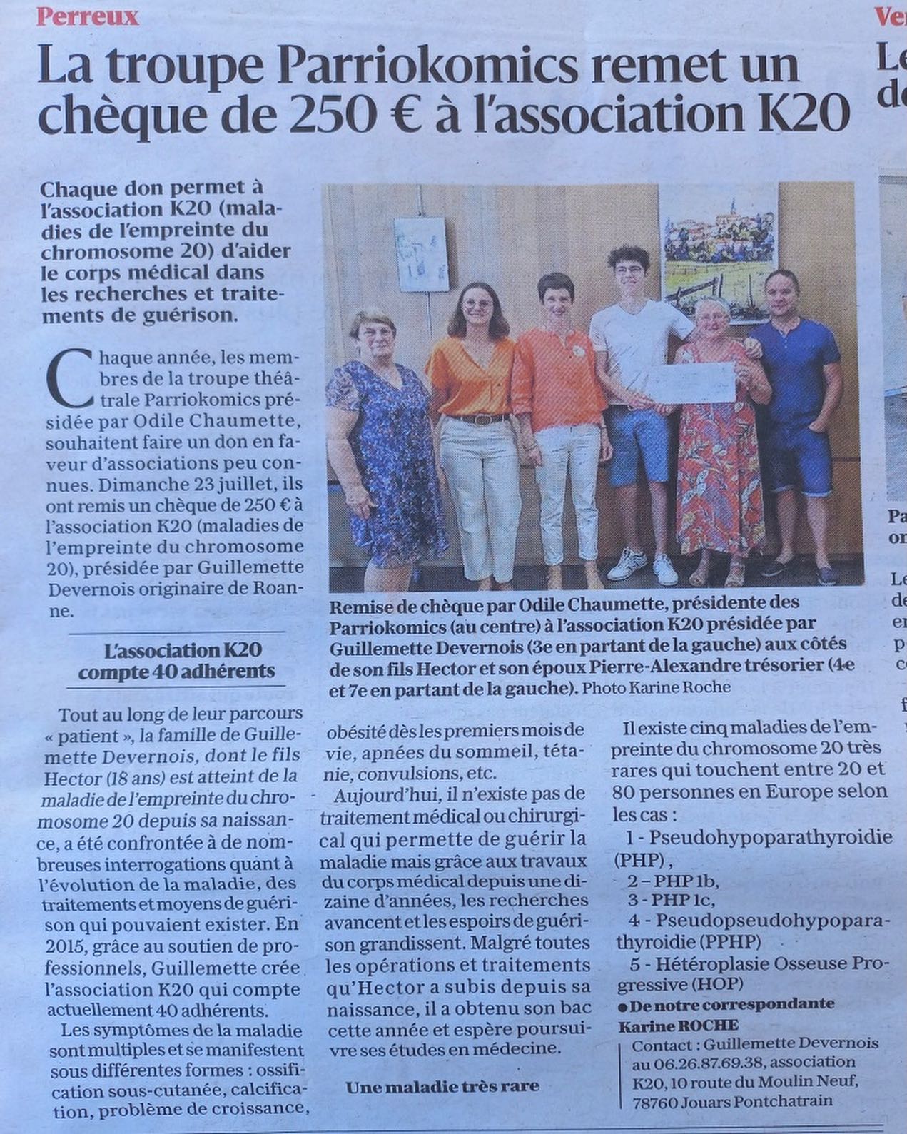 ✨Le 22 juillet dernier, la troupe de théâtre Parriokomics a remis un chèque de 250€ à l’association k20
Un grand merci à eux pour ce soutien. Cette rencontre a été un véritable moment d’échange et de découverte avec ces maladies très rares qui leur étaient inconnues
Un grand merci également pour la visibilité apportée avec cet article dans le journal local Le Progrès Loire
.
.
.
#k20 #associationk20 #maladiesrares #don #merci #parriokomics #perreux #association #ppsds #pseudohypoparathyroidism #maladiesduchromosome20 #chromosome20