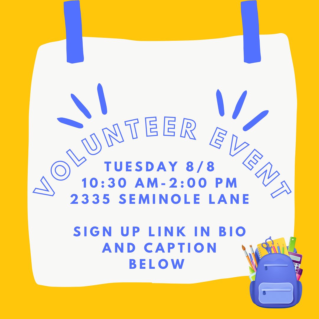 Come help us fill backpacks! Volunteer with backpack buddies Tuesday, August 8 from 10:30 -2pm at 2335 Seminole Lane (behind Riverside Health Building)
Link in bio and also below
https://docs.google.com/spreadsheets/d/1elOr4BLCTnVnRiv9jiRm_Je-JjS4zmAPo6M3PsBFoKo/edit