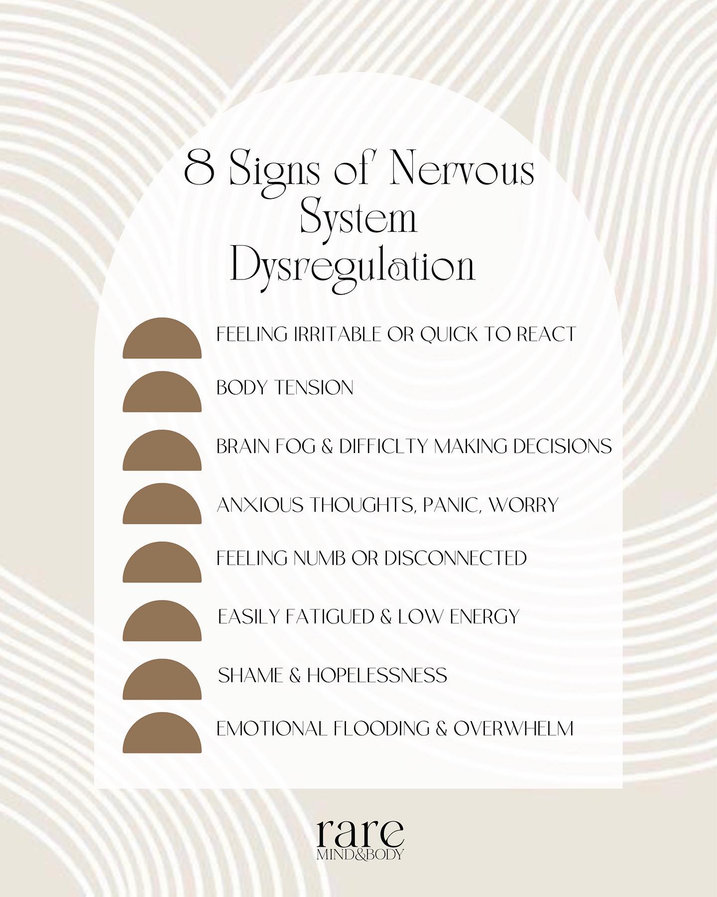 Signs of Nervous System Dysregulation 🧠
#mindbodyconnection #holisticapproach #emdrtherapy #traumatherapy #raremindandbody #traumarecovery #metrodetroit #michigan