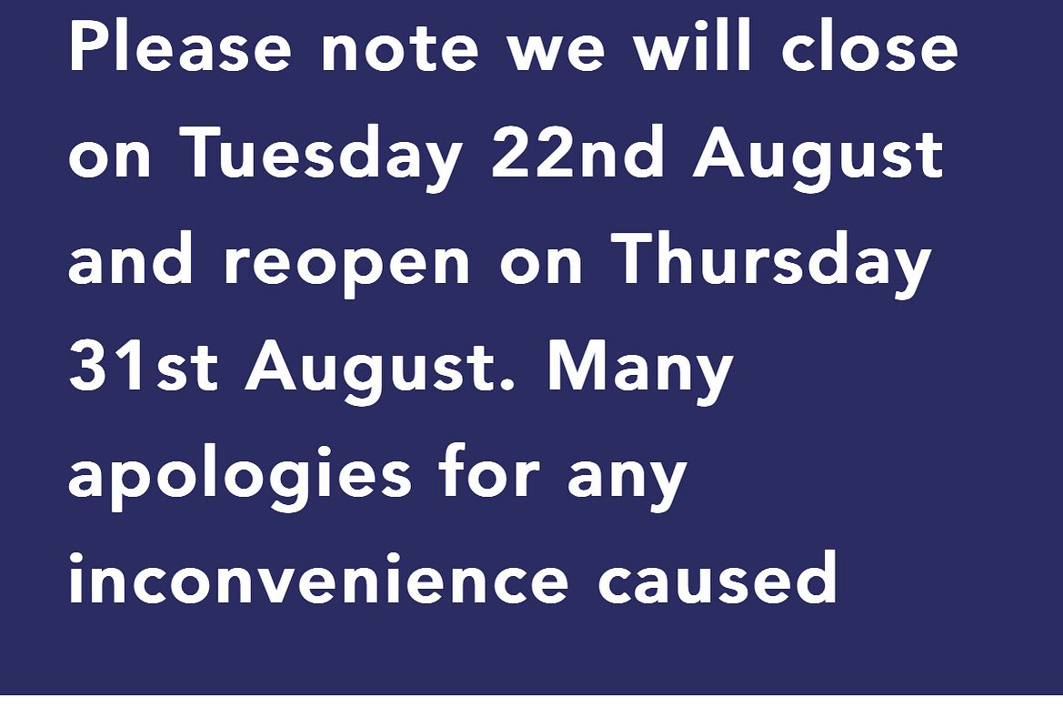 We’re closed for a few days but will be back open Thursday 31st August. Have a happy bank holiday 😊