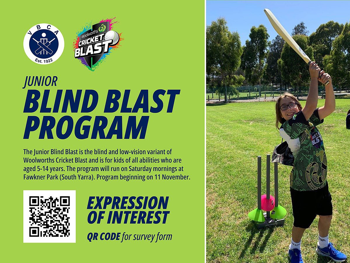 JUNIOR BLIND BLAST PROGRAM is returning in season 2023 / 24. Any kids who is aged 5 to 14 years, blind and low-vision and would like to participate in a fun, safe & inclusive environment where you will keep fit and active, make new friends, play games and learn the fundamentals of Blind Cricket. Then this program is for you.
.
.
.
.
Image Description: Light green background with the Victorian Blind Cricket Association logo top left and along side the cricket blast logo with the text below saying: Junior Blind Blind Program. The Junior Blind Blast is the blind and low-vision variant of Woolworths Cricket Blast and is for kids of all abilities who are aged 5-14 years. The program will run on Saturday mornings at Fawkner Park (South Yarra). Program beginning on 11 November. Underneath is a QR code logo that links survey form . On right side of QR codes text says - Expression of Interest - QR code for survey form. On the right of the text is an image of a boy wearing glasses and smiling while swinging the bat with wickets behind him. There are trees in the background.
.
.
.
.
@cricketblastau @cricketvic @starsbbl @renegadesbbl @blind_cricket_australia_bca @blindsportsrecvic @blindsportsaustralia @visionaustralia @guidedogsaustralia @lordstavau @cityofmelbourne @sport4allau @ndis_melbourne
#blindcricket #disabilitysport #inclusion #inclusivesport #sport4all