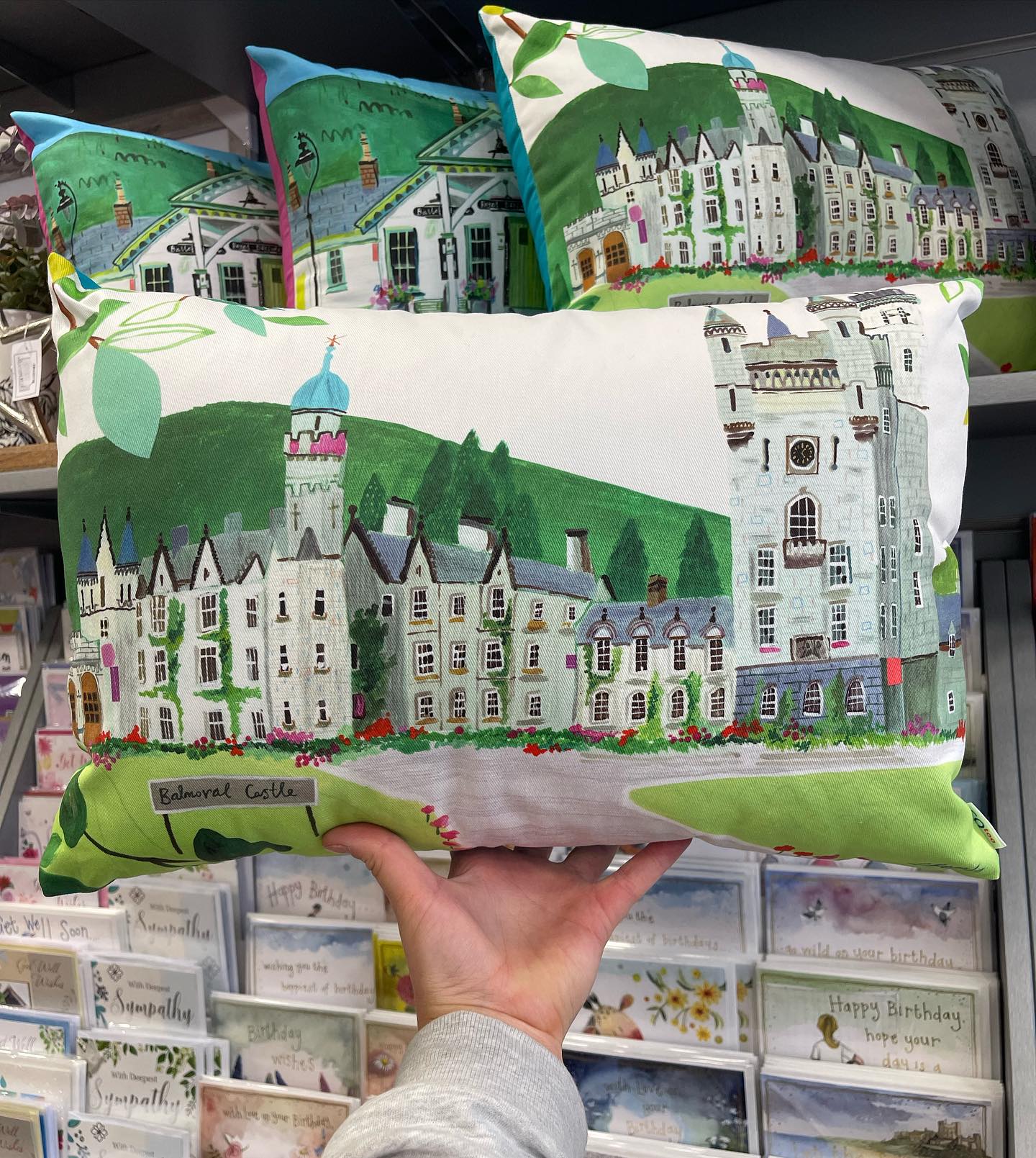 Our beautiful cushions from @lizandkatepope @cotoocc ๐ Delighted to see Balmoral Castle & Ballaterโs Old Royal Station on these stunning handmade cushions. ๐ฆ Beautiful quality. #ballater #scotland #scottishhighlands #unusualgifts #scottishscenery #scotlandstradefair #scotlandtravel #scotlandexplore #love #gifts #giftshop #giftshopscotland