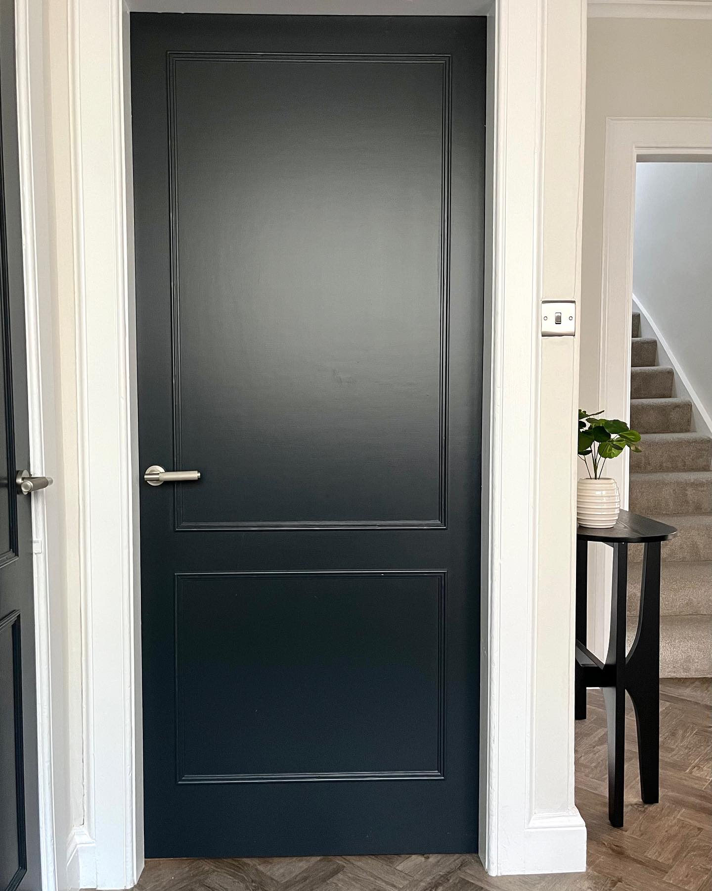 A quick post about doors…..perhaps not the most exciting subject but doors are still a big part of the look and feel of a property.
The St Andrews property was formerly an HMO so all the doors were fire doors. They definitely needed some attention to raise the overall aesthetic.
We decided to add some beading so they felt more in keeping with the period of the property. Then we swapped out the handles and painted the doors black, which ties in with the black accents throughout the property. I think this made such a huge difference. The front door got a makeover too. Swipe right for the before pics.