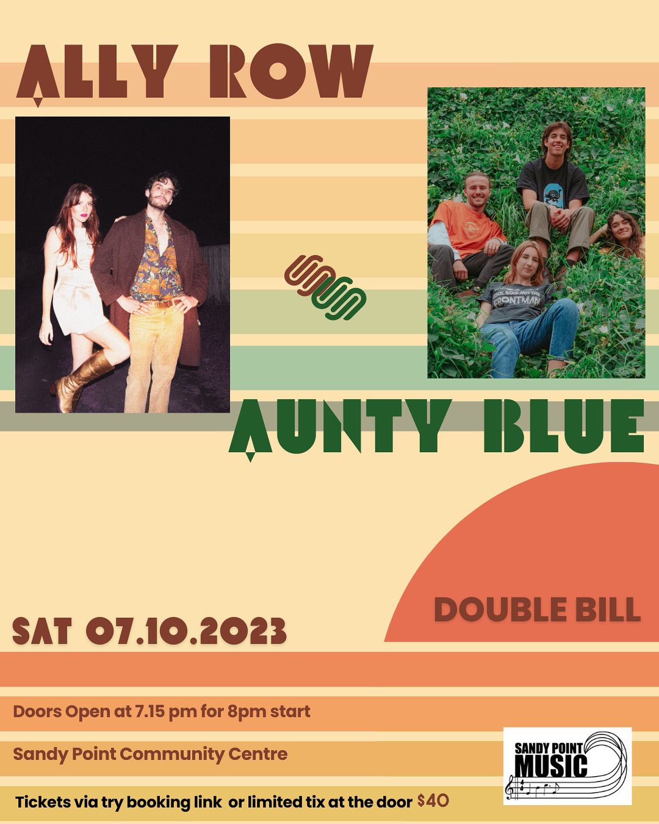 Check out Ally Rows great new single. Come and listen to them and Aunty Blue at Sandy Point. Oct 7. Pizza available from 6.00 pm onwards 🍕👏