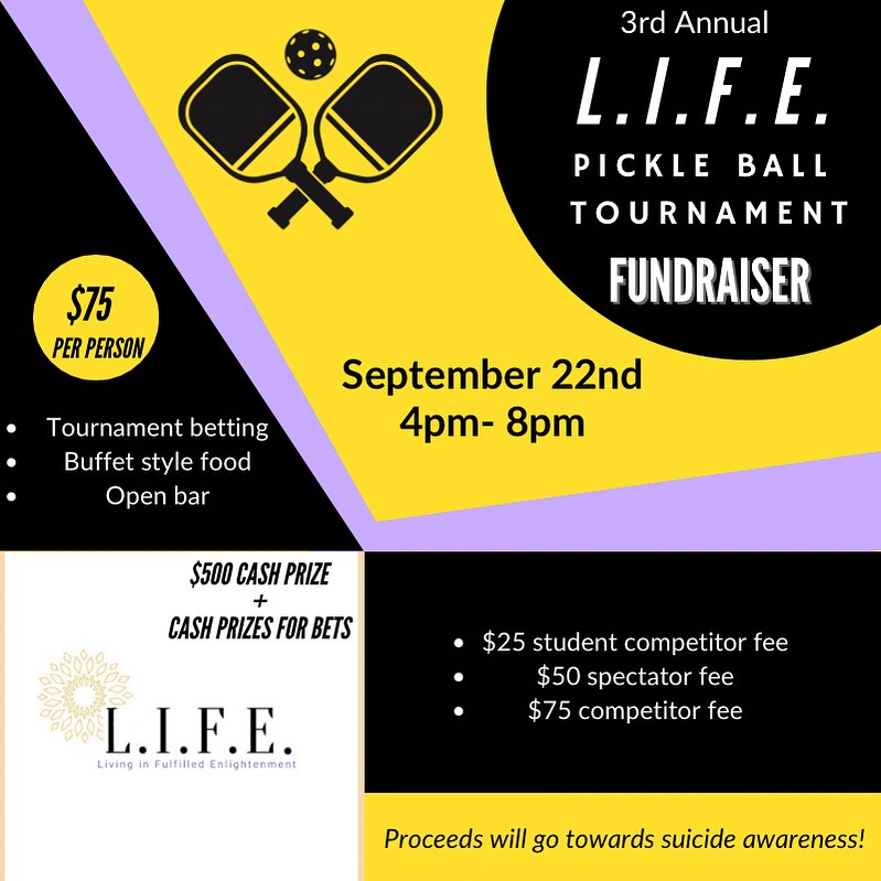 Please join us for our annual pickle ball tournament.
Purchase tickets/sponsorships at one of the following:
https://www.eventbrite.com/e/lifes-3rd-annual-pickleball-tournament-tickets-709724794967?aff=oddtdtcreator
Venmo: @livingenlightenment
Cannot wait to see you!