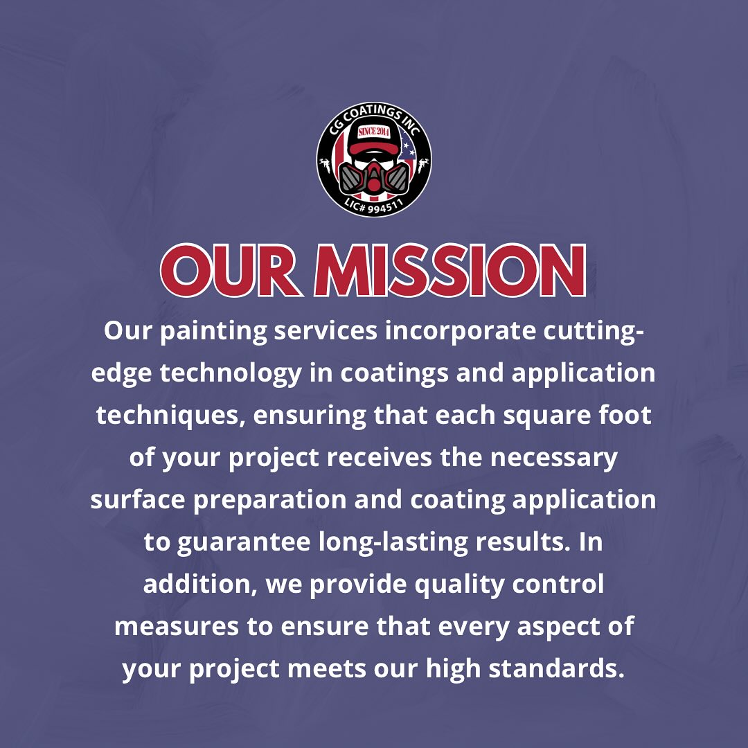 At CGCoatings Inc., we recognize that the coatings industry is a highly technical field that requires skills and expertise. ✨ We take pride in our proficiency in quality surface preparation, coating applications, and protective measures that safeguard your investments. With our experience, we can ensure that your assets are protected from environmental elements, preserving your time and money. 🤩 You may count on slowed deterioration rates and superior corrosion protection with properly managed coating applications. 🙌 Let us guide you into a brighter, corrosion-resistant future! #cgcoatings #commercialpainting #paintingcompany #professionalpainting #housepainters #designinterirors #commercialpaintingcompany