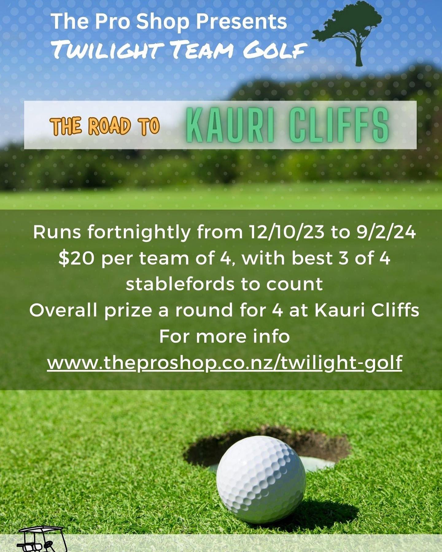 Twilight Teams Golf is kicking off 12th October 2023!
Grab 3 mates and come play 9 holes..... 🏌️🏌️♂️🏌️♀️🏌️ Fortnightly prizes are up for grabs with an end of season overall prize of a round for 4 at Kauri Cliffs ⛳️
Lets Go 🙌