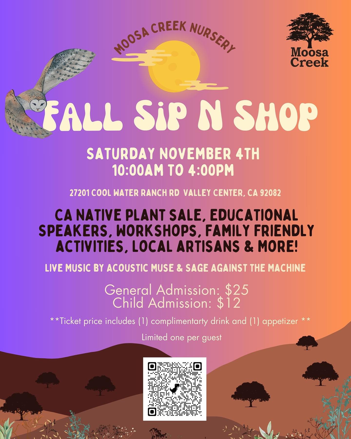 ๐จ Early bird ticket pricing extended! ๐ฆ Join us for a delightful day here at Moosa Creek Nursery, where we are hosting our much-awaited Annual Fall Sip 'N' Shop event. We are so excited about the plants we have ready for fall planting - we can't wait to celebrate Fall native planting season with you! ๐ฑ
Your ticket will give you access to our Tough As Nails plant sale, where you will receive 20% off (Presale information will be sent out prior to the event), 1 glass of beer, wine or non alcoholic beverage, a fabulous appetizer to pair it with, and all the activities and entertainment throughout the day including live music by @acousticmuseband and @nativesageagainstthemachine ๐ค๐ฑ
Speakers and Workshops: Featuring Shana Lipner Grover from @sagecountryherbs , Greg Rubin from Californiaโs Own Native Landscape, Dean Karras from @gnosis_nursery , Kyle Cheesborough from @theshermangardens & Stephanie Holbrook from @wingsofchange2020
We have some amazing local artisans and CA native plant landscape designers joining us as well! We will share more details soon!
Tickets are available through Eventbrite - find the link to purchase in our bio! We canโt wait to see you there ๐ถ๐จ๐