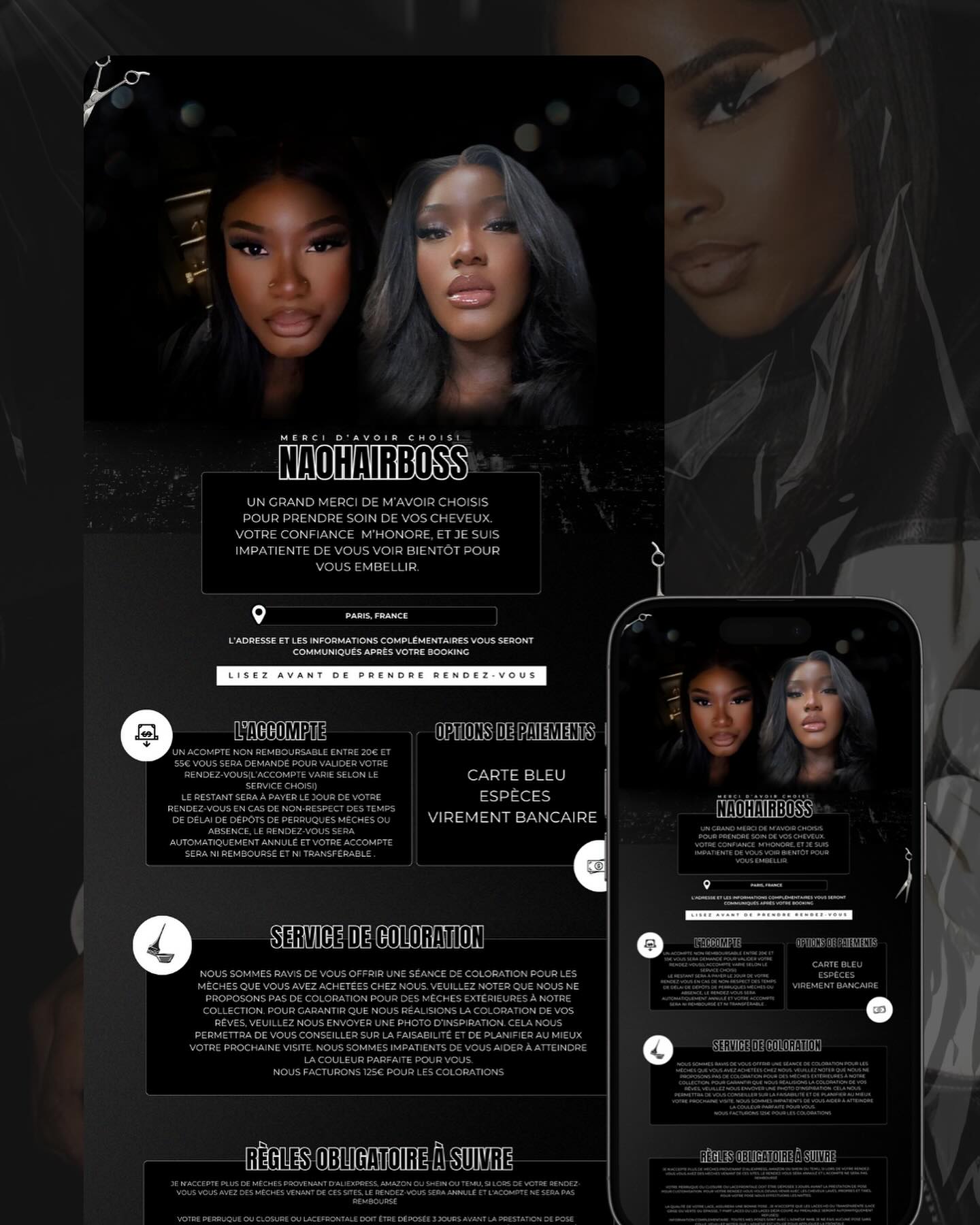 Sleek, modern, and wrapped in the timeless embrace of black and white—this is how we bring a piece of Paris into a booking page design for one of my favorite muses, Nao Hair Boss. 🖤🤍
Soon, I'll be bringing the same iconic flair to your Acuity booking pages. Get ready to transform that first point of contact into a captivating experience that's uniquely you.
#itsmondaysmuse #acuitydesign #grapicdesign #branddesigner