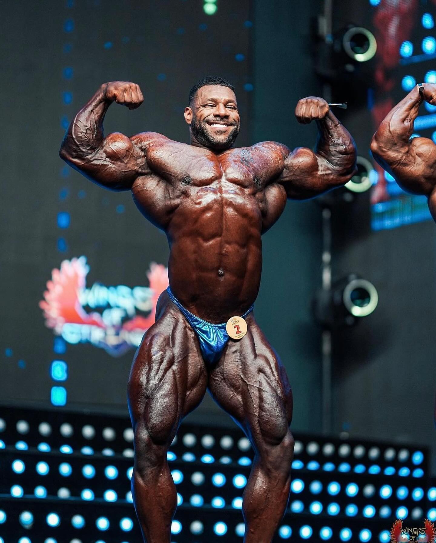 @nathandeasha2 looked incredible taking 4th place at the @romania_muscle_fest_pro stage last week. Rocking Iron Monkey Super Pro Cut posing trunks in Royal/Purple 🔥 #teamironmonkey #ifbbpro #posing #trunks #bodybuilding