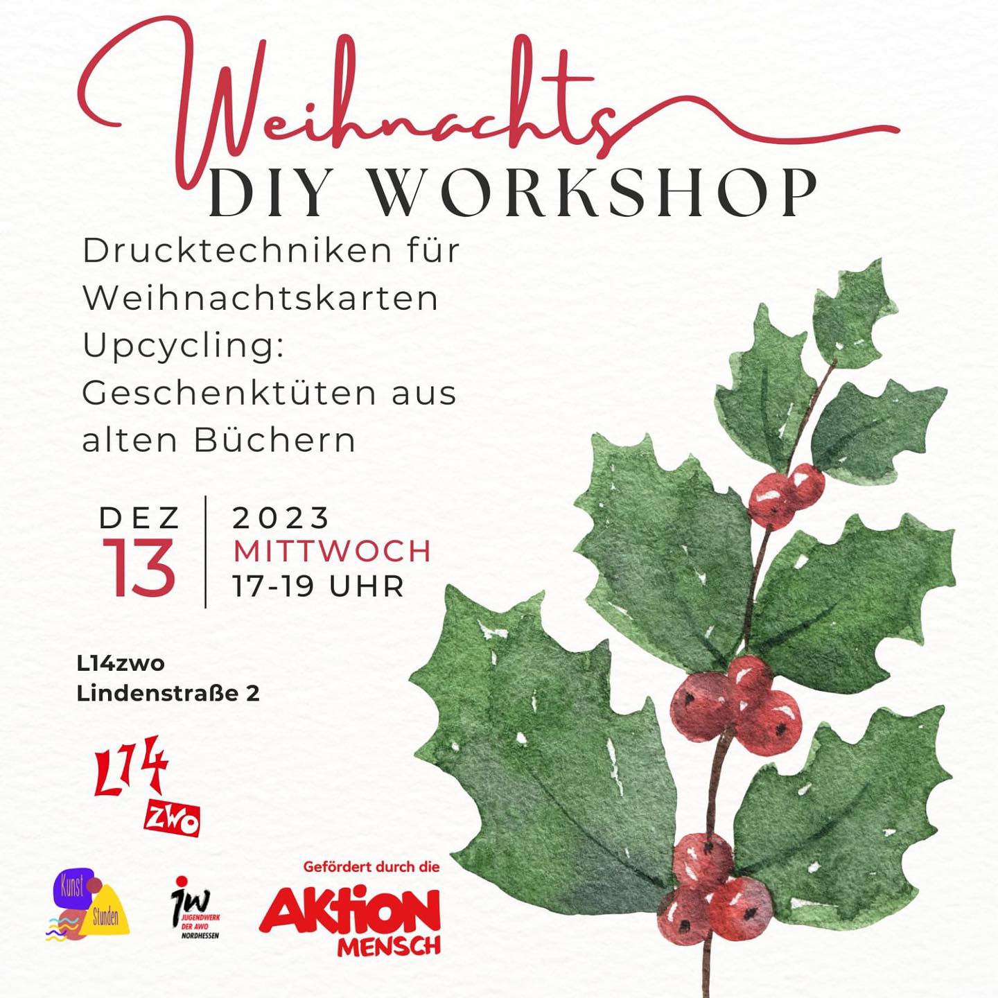 Unser letzter Kunst/stunden-Workshop in diesem Jahr wird nochmal richtig besinnlich. 🎄❄️❤️
Dir fehlen kurz vor Weihnachten noch ein paar schöne, nachhaltige und selbstgemachte Geschenke? Dann bist du bei diesem offenen Workshop genau richtig. Es gibt die Möglichkeit, verschiedene Drucktechniken (Linoldruck, Wachsbatiken…) auszuprobieren oder mit Upcycling Geschenktüten aus alten Büchern zu basteln. 📚 🕯️
Am Mittwoch, den 13.12., kommen wir von 17 bis 19 Uhr im großen Gemeinschaftsraum der L14zwo (Lindenstraße 2 in Fulda) zusammen. Komm einfach vorbei, bring deine Lieblingsmenschen mit und verbringe mit uns einen entspannten und kreativen Abend. Wir freuen uns auf dich :)