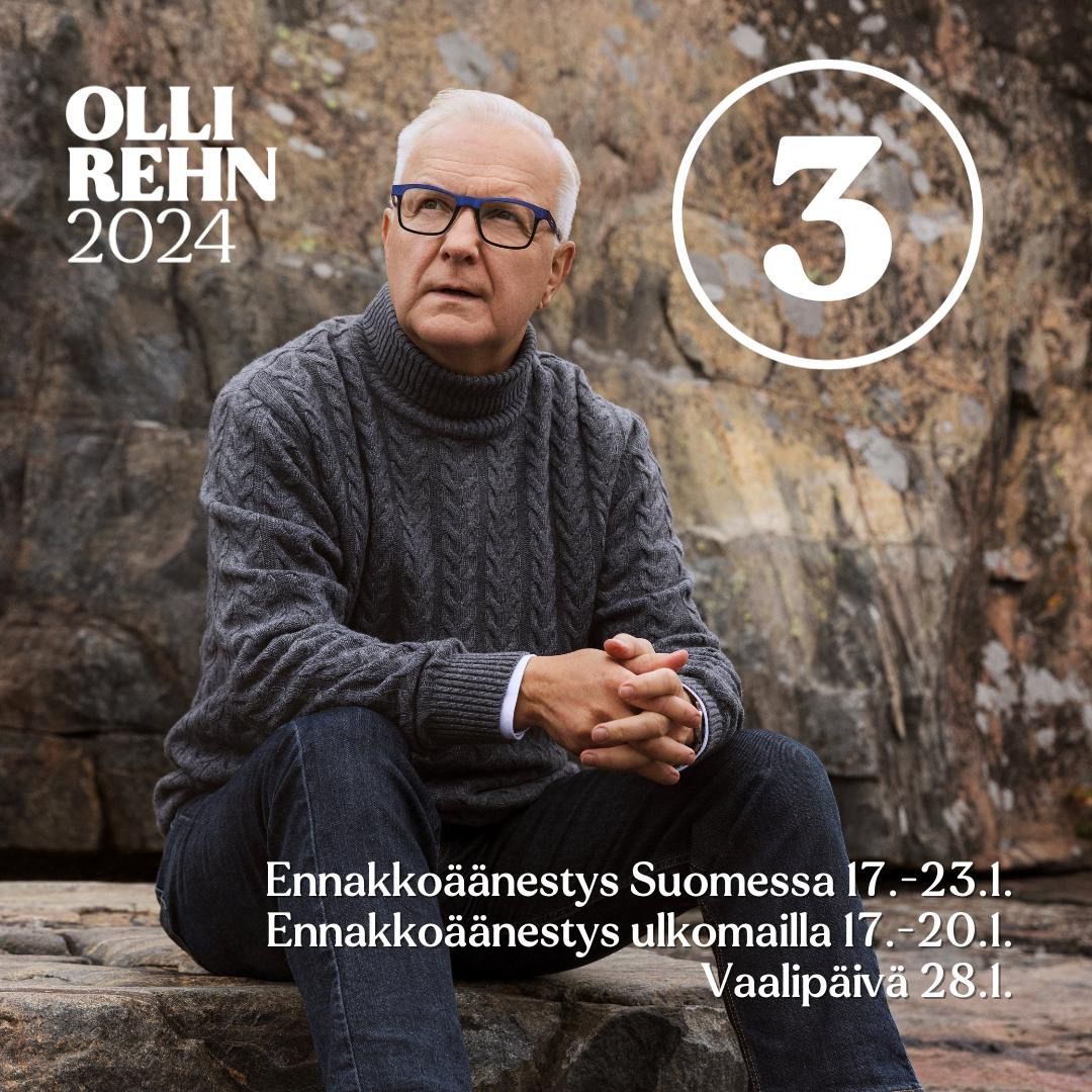 TÄNÄÄN SAA ÄÄNESTÄÄ. Valitse numero 3️⃣, Vakaa kuin kallio, Olli Rehn.
Tule mukaan kampanjaan tekemään Ollista Suomen seuraava tasavallan presidentti.
ENNAKKOÄÄNESTYS KOTIMAASSA: 17.-23.1.2024
VAALIPÄIVÄ: 28.1.2024
Mukaan tarvitset henkilöllisyystodistuksen. Käytä ääntäsi. 🗳️
#ollirehn2024 #presidentinvaalit