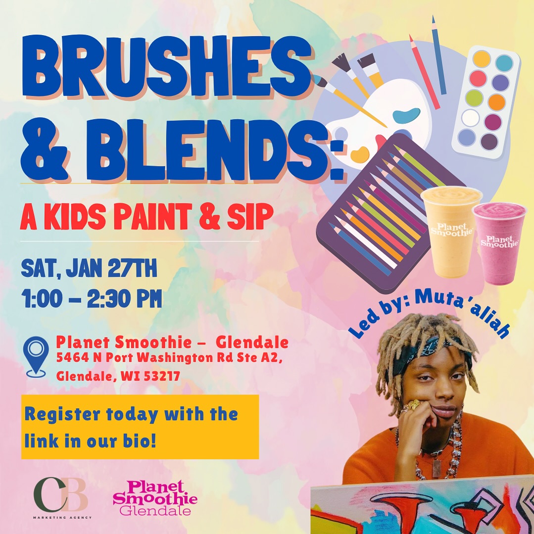 🎨✨ Join us for Brushes and Blends: A Kids Paint and Sip on Saturday, January 27th, from 1:00-2:30pm at Planet Smoothie Glendale! 🌟 Let your little ones unleash their creativity with artist Muta’aliah while sipping on delicious cold smoothies. 🥤🖌️ Perfect for kids ages 5-10. Secure your spot now – register today through the link in our bio!
#milwaukee #kidsevents #paintandsip #weekend #thingstodo
#wisconsin #painting #milwaukeebusiness #milwaukeeevent #milwaukeeevents #kidsactivities