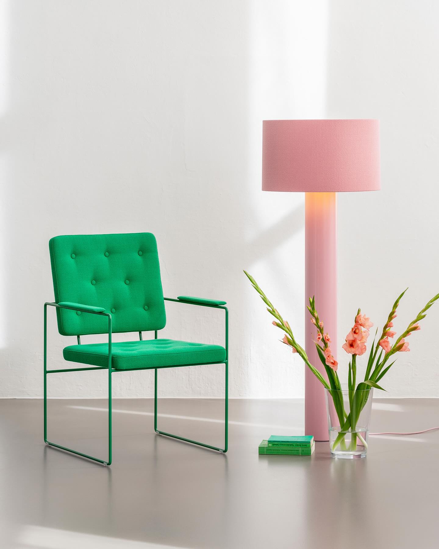 SWELL TIME ARM CHAIR IN GRASS GREEN & ALL ROUND TALL LAMP IN PINK