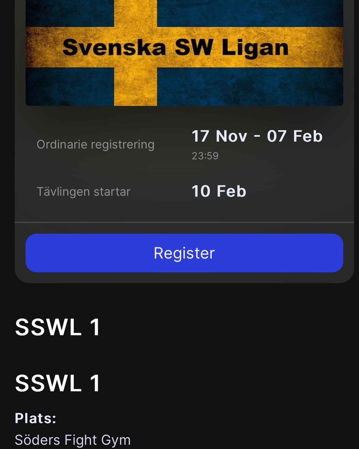 10/2 drar SSWL 2024 igång
Första deltävlingen kommer arrangeras av @sodersfightgym i Gävle, SSWL 1 går av stapeln på Södra Kansligatan, sista registrering 7/2.