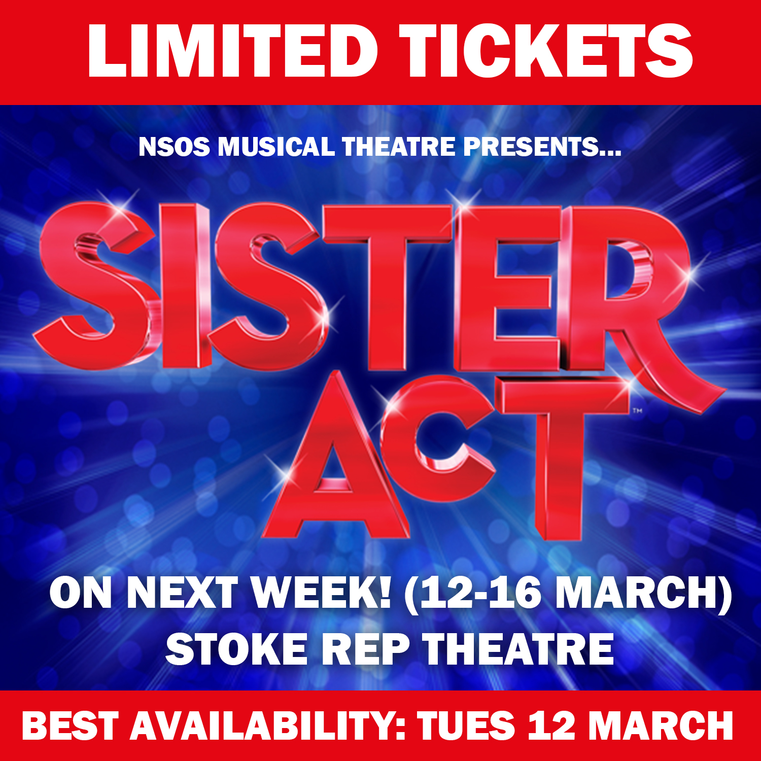 🎫FINAL CALL FOR SISTER ACT!🎫
There's just one week left until this fabulously divine show hits the stage! We can't wait to show you what we've been up to. If you've not booked yet, now is your last chance! There's limited tickets across the run with best availability on opening night (12th March) - Don't miss out! Book now www.nsosltd.org/sisteract or call 01782393333!