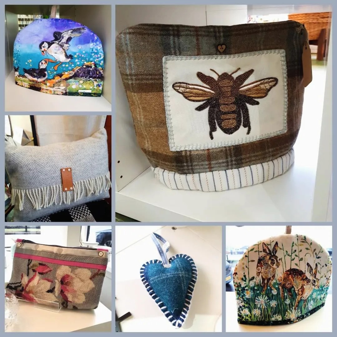 Beautiful gift ideas - Bee tea cosy, tweed cushion, tapestry washbag and heart made locally by Rose Letham.
Hare and Puffin tea cosies from Dawn Maciocia