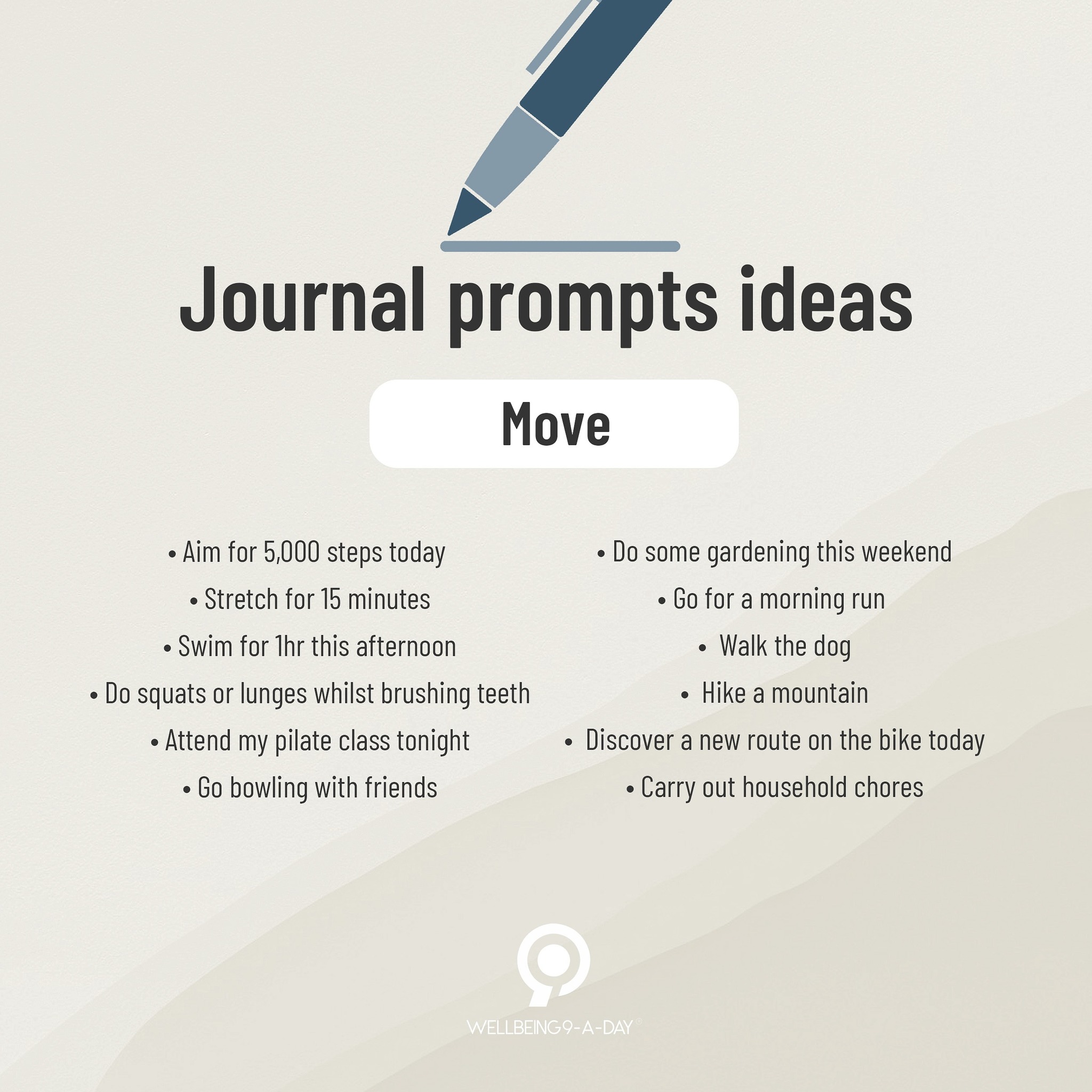 Sample entries time for those who are stuck for ideas! 💡 Movement is essential for our physical health. It lowers risk of chronic conditions, increases cognitive health, and alleviates symptoms of depression and anxiety. How you move is up to you. You don’t need a long run or a trip to the gym. Start with what feels right to you. Find an activity you enjoy, go at your own pace, and stay consistent 👣
.
.
.
#w9ad #wellnessjournal #health #wellbeing #healthandwellness #wellness #holistic #journalingyourway #habits #yourjourney #yourhealth #yourrelationships #setintentions #bepresent #letgo #learn #move #enjoy #connect #selfcare #nutrition #journal #journaling #journalprompts #journalideas #writing
