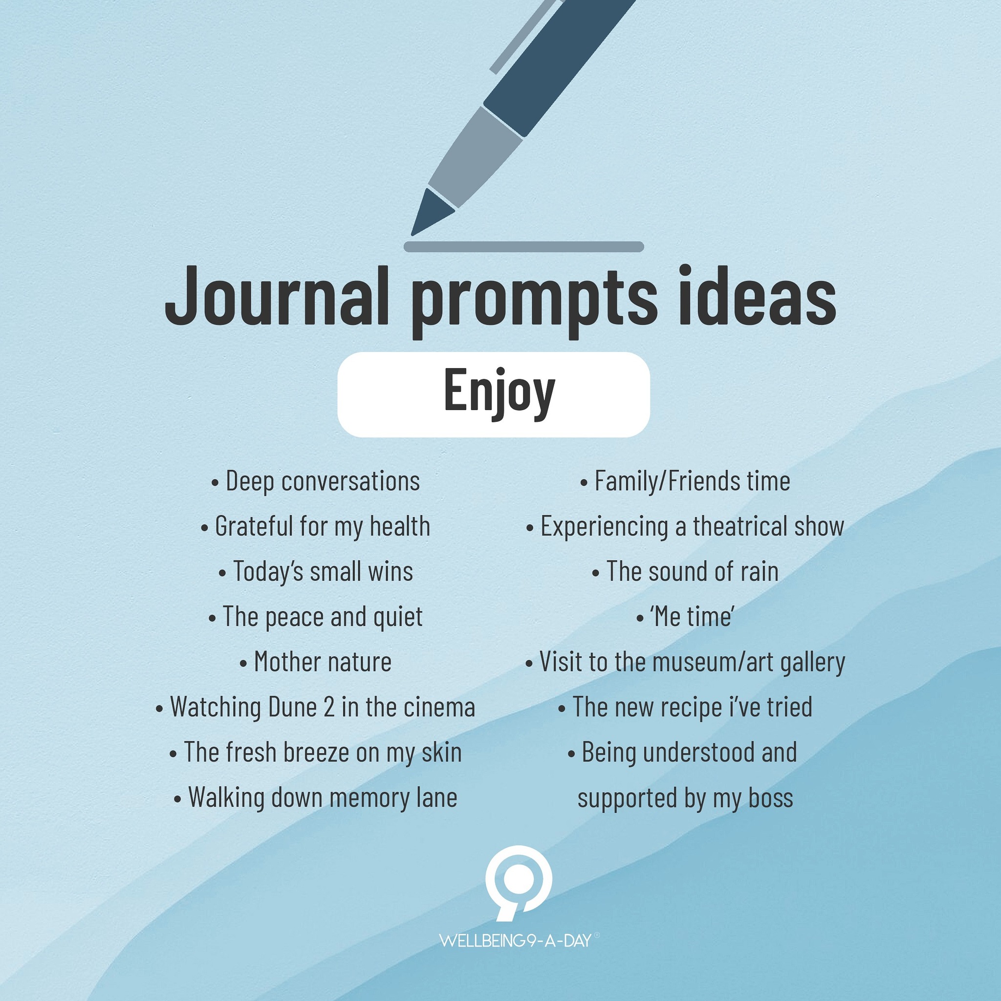 Today we’re sharing some entries examples for ‘Enjoy’ 🤍 Happiness is one of our principal drives. It can be found in big or small moments throughout your day that you were thankful for or that made you smile. We all should make time for the things we enjoy in life, whether a game, your favourite music, or the people you love. Building habits around the things you enjoy and being grateful for experiencing boosts your overall wellbeing. Proactively adding things you enjoy into your routine shines a spotlight on what brings joy to your life.
.
.
.
#w9ad #wellnessjournal #health #wellbeing #healthandwellness #wellness #holistic #journalingyourway #habits #yourjourney #yourhealth #yourrelationships #setintentions #bepresent #letgo #learn #move #enjoy #connect #selfcare #nutrition #journal #journaling #journalprompts #journalideas #writing