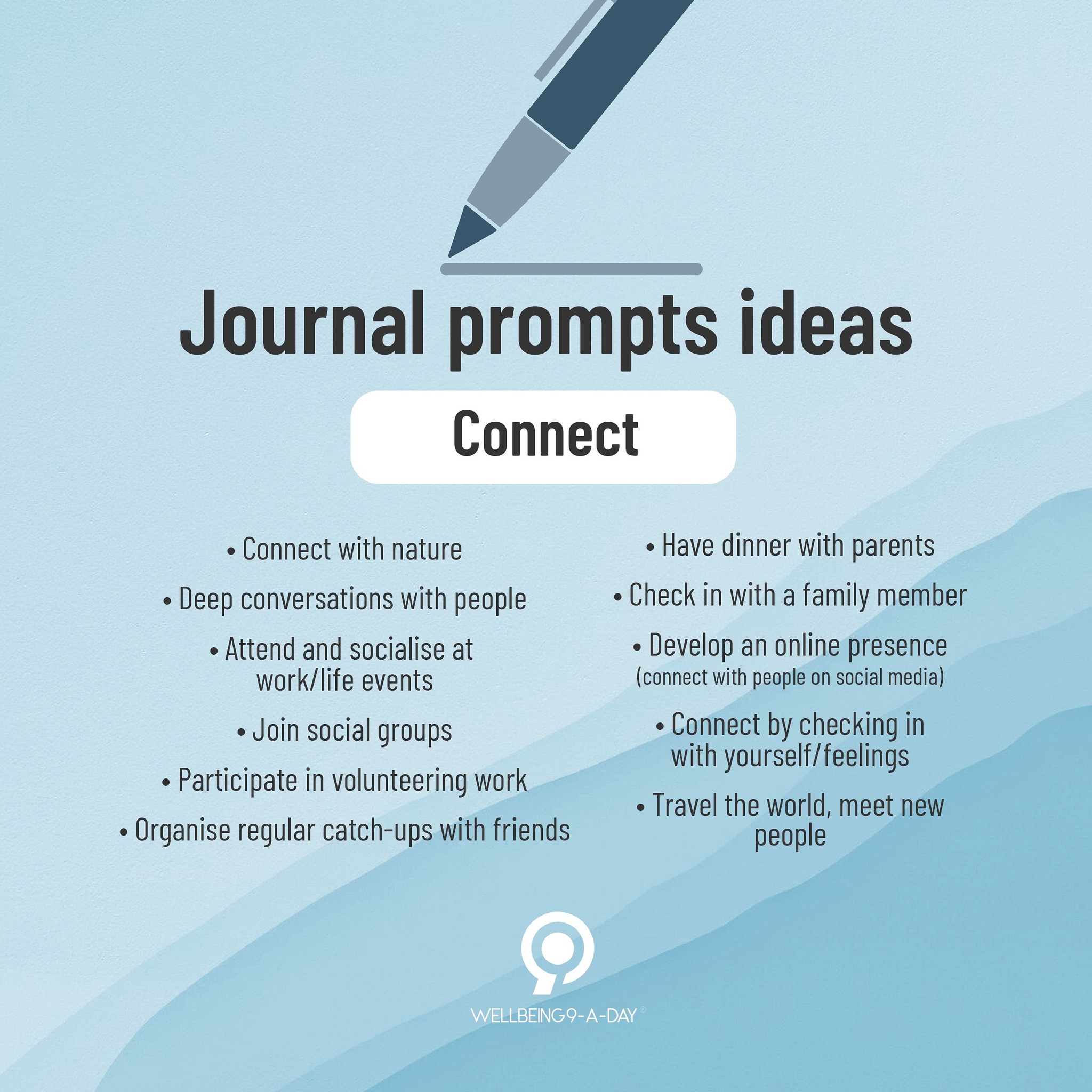 Connecting with other people and the world around us is absolutely essential for mental and physical health as it helps fulfill an innate human need to belong. If your relationship with your mind, your body and other people seem to be lacking depth, improving your capacity for connecting can make you feel closer to friends and loved ones. Connecting with others reduces your risk of mental & physical illness, builds your emotional support system, and helps you progress further in your career 🧠
.
.
.
#w9ad #wellnessjournal #health #wellbeing #healthandwellness #wellness #holistic #journalingyourway #habits #yourjourney #yourhealth #yourrelationships #setintentions #bepresent #letgo #learn #move #enjoy #connect #selfcare #nutrition #journal #journaling #journalprompts #journalideas #writing