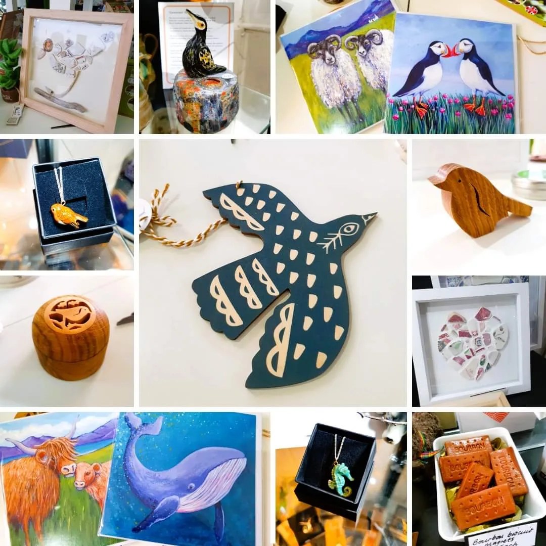More hand crafted gift ideas-
Bird and heart pictures by 'Kintyre Creations'
Gannet sculpture by Sona Beam
Wooden trinket box and bird cane topper by Beamers Designs
Hanging printed bird by Kate millbank
Porcelain sea horse and robin pendant by And Mary
Clay Bourbon biscuit fridge magnets by Hannah McBride
New cards from Joanne Wishart