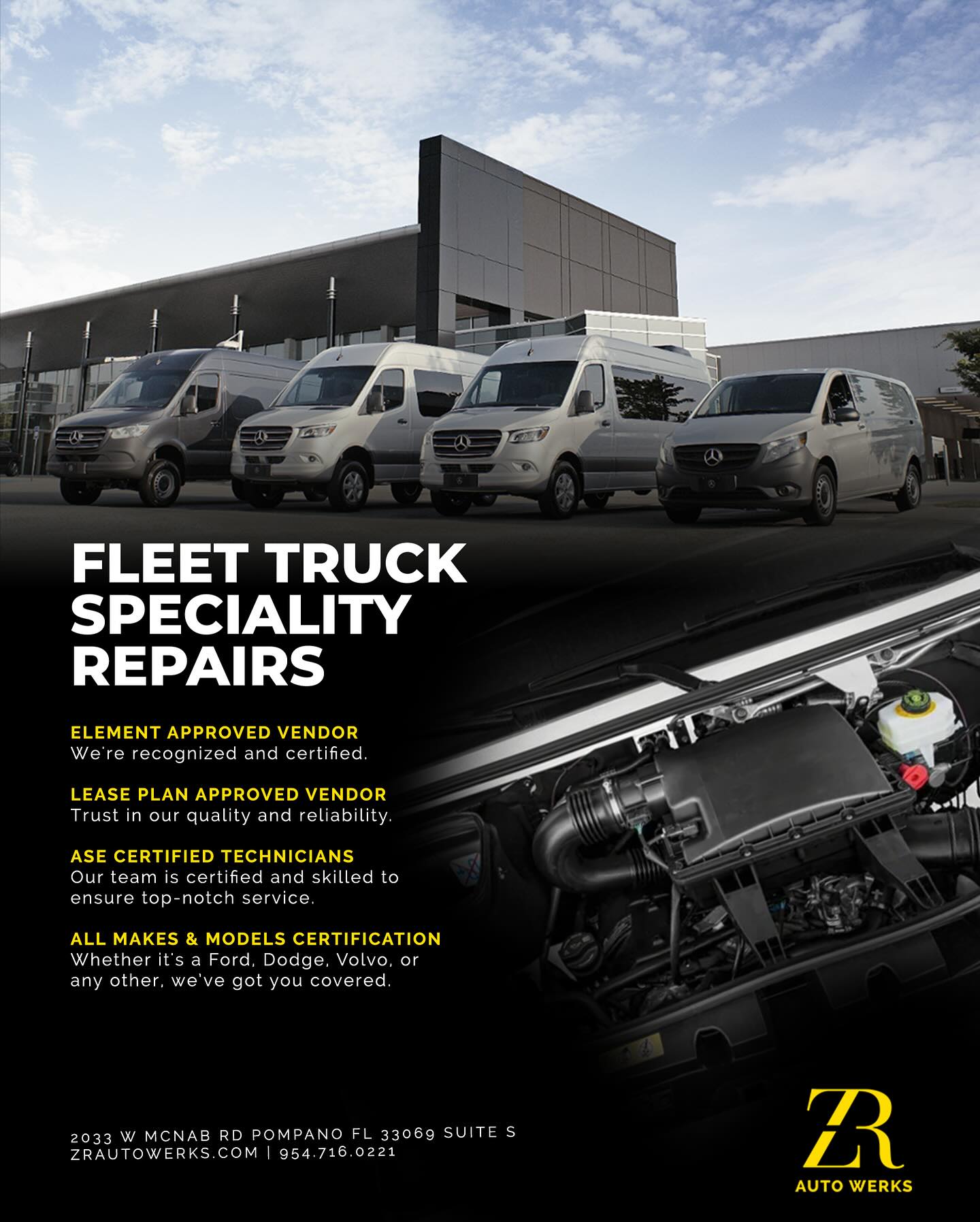 🚐 Elevate your fleet with ZR Auto Werks’ specialized truck repair services! Whether you’re managing a few vehicles or an entire fleet, we’re equipped to handle all makes and models.
With ASE-certified technicians and approvals from major lease plans, we ensure your fleet runs flawlessly. Trust us for quality and reliability in fleet management and repairs.
Pull-up or we can come to you!
Learn more a ZRAutoWerks.com or Call Us today!
#FleetManagement #SpecializedRepairs #ZRAutoWerks #ASECertified #AllMakesAndModels