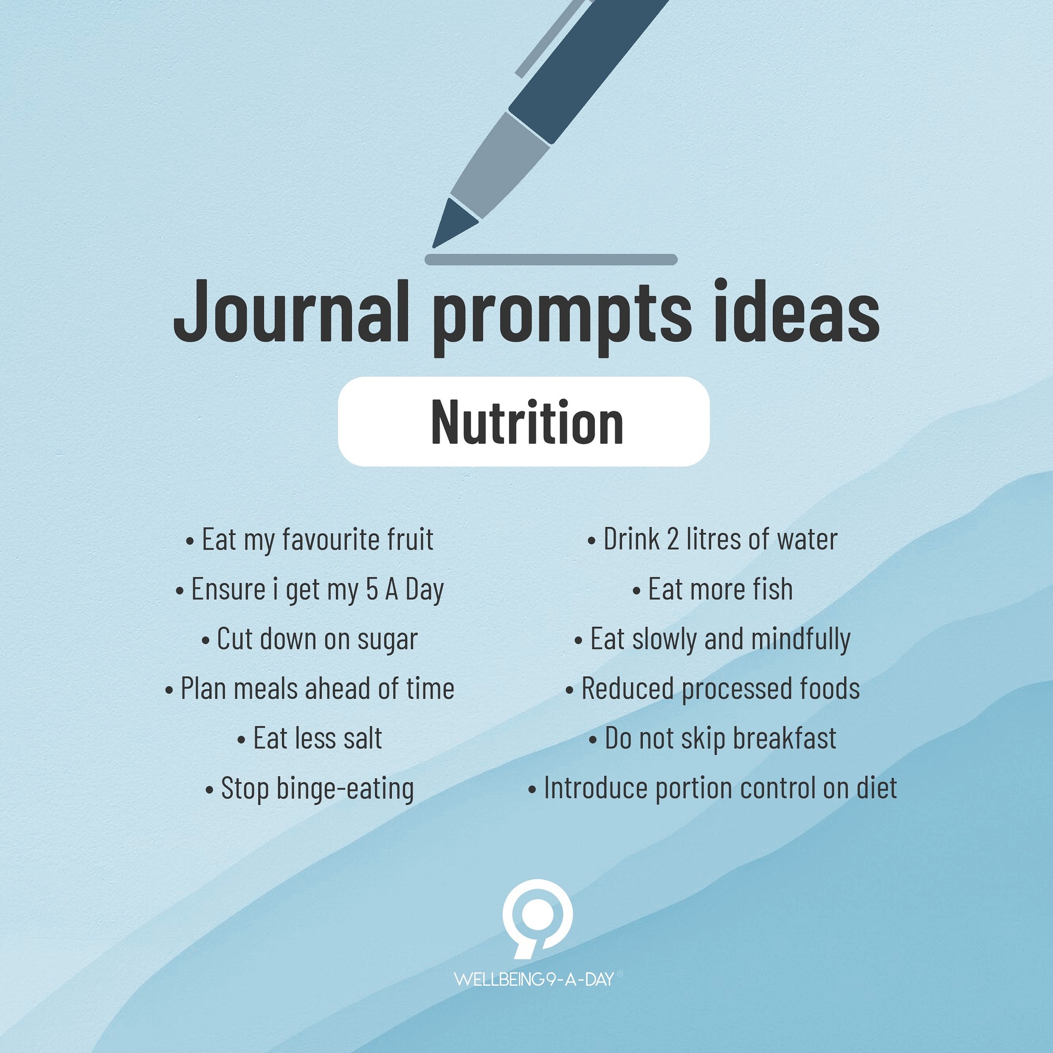 Over the next three days, we’ll be sharing the final three journal prompt ideas for The Wellbeing 9-a-Day. Remember, these are just suggestions if you are stuck for ideas. Feel free to use your own. Good nutrition is the fuel of a healthy lifestyle - it’s essential for promoting your overall health and reducing the risk of chronic diseases. Keeping a journal is a very effective tool to help change behaviour on eating habits ✍️🍏
.
.
.
#w9ad #wellnessjournal #health #wellbeing #healthandwellness #wellness #holistic #journalingyourway #habits #healthyhabits #journal #journaling #community #book