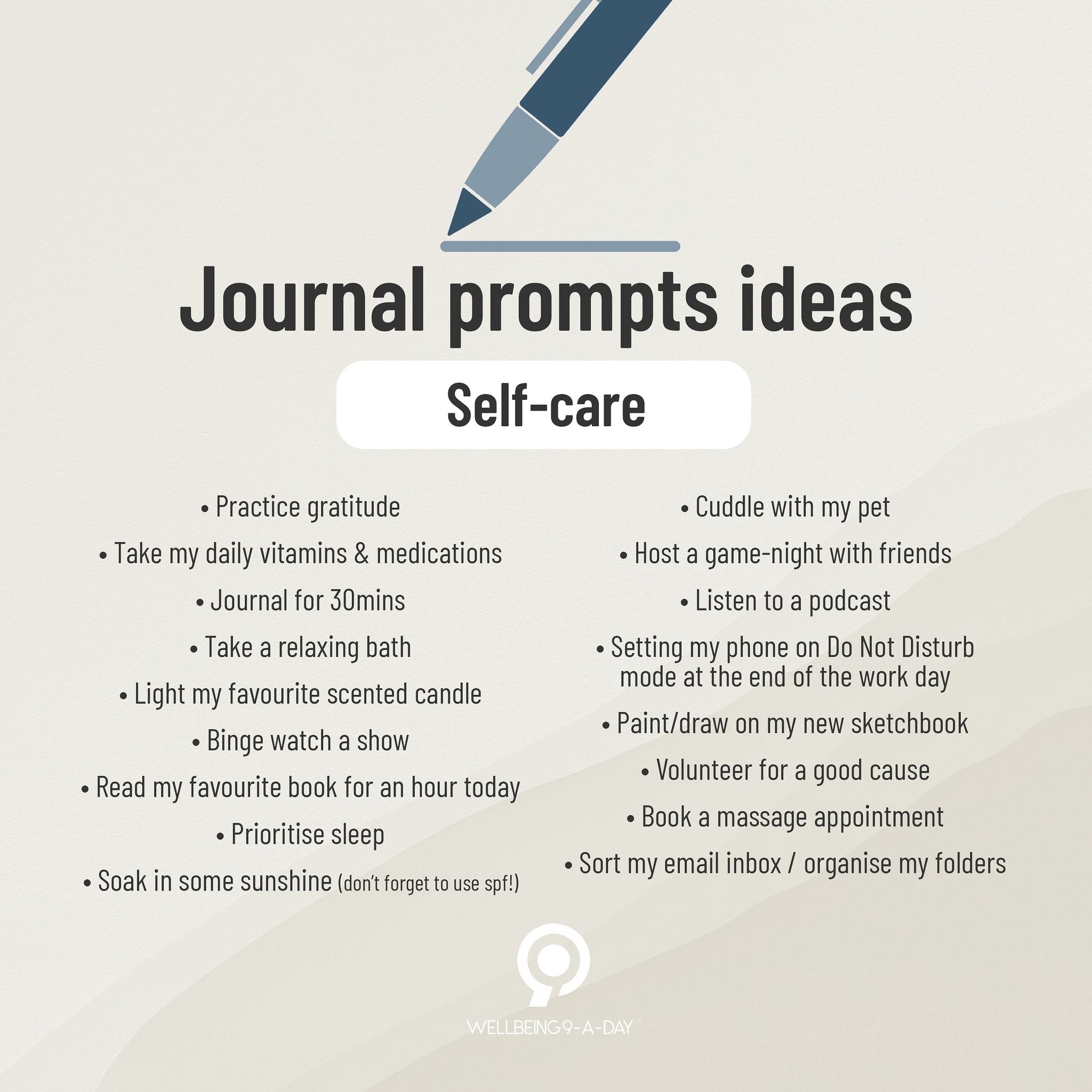 Building good self-care practices is an essential part of a healthy lifestyle. Self-care is the key to preventing burnout, feeling balanced, and leading a fulfilling, purposeful and productive life. Tending to your own needs is essential, and yet many of us neglect ourselves while caring others. Ask yourself, what can I do today that’s just for me? Make time today for re-filling your cup with the self-care you need most.
.
.
.
#w9ad #wellnessjournal #health #wellbeing #healthandwellness #wellness #holistic #journalingyourway #habits #yourjourney #yourhealth #yourrelationships #setintentions #bepresent #letgo #learn #move #enjoy #connect #selfcare #nutrition #journal #journaling #journalprompts #journalideas #writing