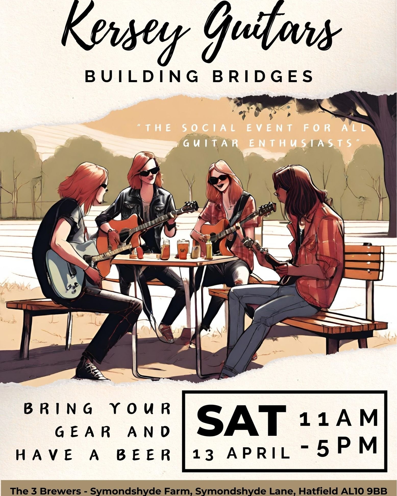 As many of you know by now, we're not only blessed to be brewing beer on a beautiful farm, we're also neighbours to a group of incredibly talented people. And none are more talented than master luthier Matt Kersey, head honcho at Kersey Guitars.
This Saturday we're hosting Kersey Guitars 'Building Bridges' - a social get together for anyone into all things guitar shaped. Think of it as a car meet but with guitars. And no doughnuts (though we will have some chocolate brownies!).
So come along, bring your favourite axe, have a beer or a coffee, and swap notes about your Ernie Balls, your diminished scales or whatnot. If you fancy a strum that's cool, but it's no shredding masterclass. To be honest I'm still struggling with Smoke On the Water, and that's despite Bert Weedons brother living next door to my folks when I was a teenager.
We're of course open on Saturday for 'normal' customers too. So tell your chums and we look forward seeing you at the weekend.
Saturday 13 April
11 till 5
'These go to eleven'
The 3 Brewers of St Albans