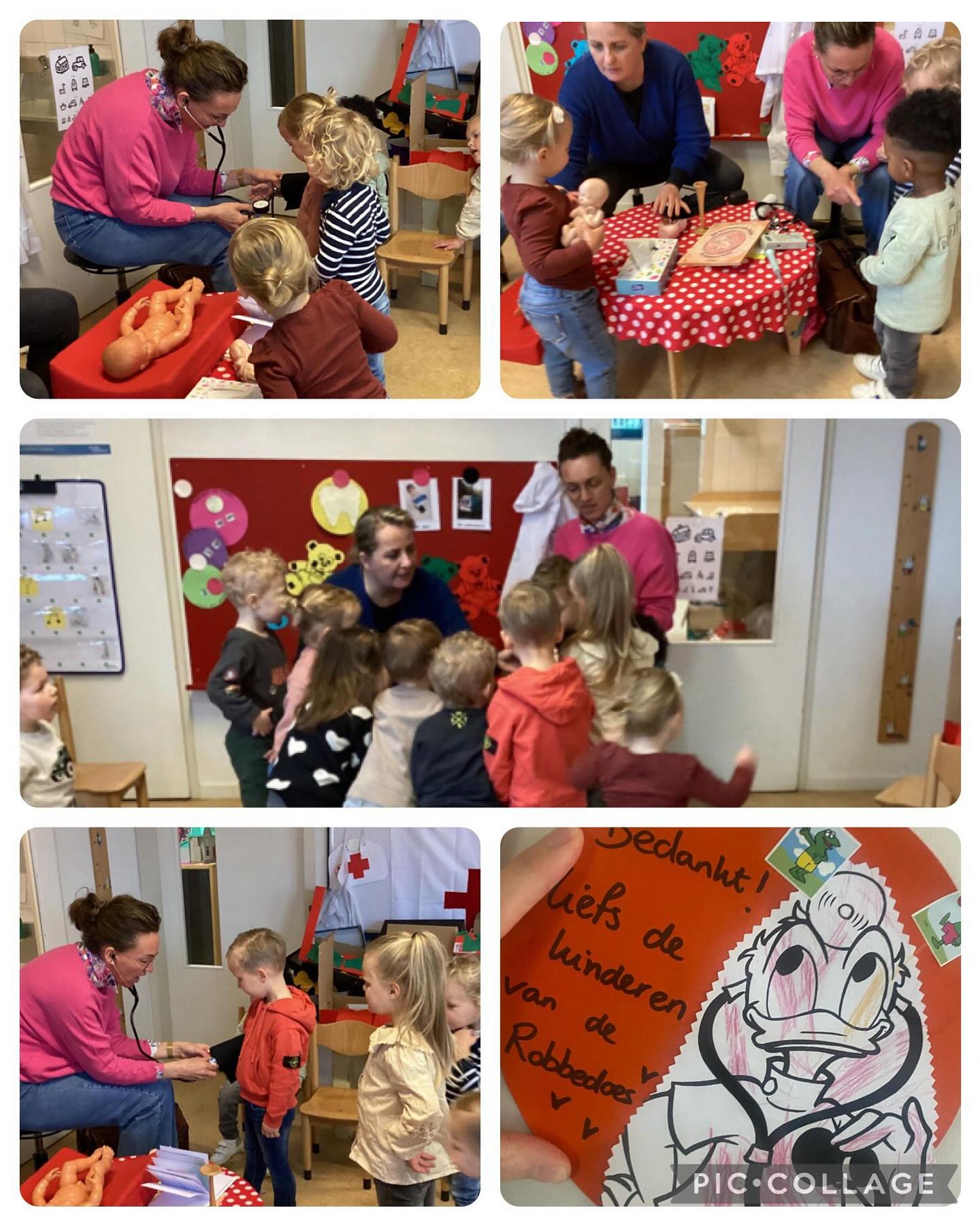 Afgelopen vrijdag was Heleen op de peuterspeelzaal van haar zoontje. Daar hadden ze thema: ziek en gezond. Als verloskundige ben je natuurlijk ook “baby”dokter 🤣
Hier een uitspraak van de andere kindjes uit de groep. Ik vroeg hoe was het op de peuterzaal: “Heeeeel leuk!”, zei ze. “Er was een dokter met een bruine tas en met een roze trui. Ze had een grote baby en kleine baby mee. Ook een telescoop en een hele grote telefoon dan kun je naar de baby luisteren.”
Ze was in ieder geval onder indruk van dokter Heleen 😂🥰