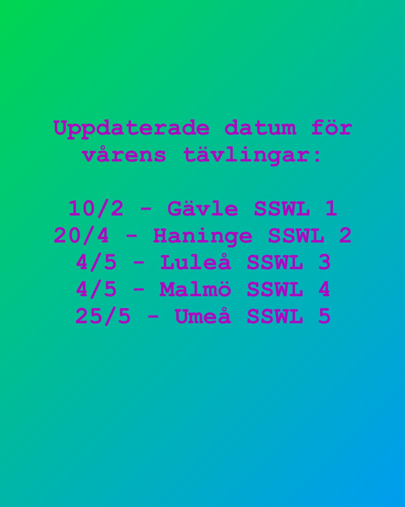 Då Umeå behövde flytta fram sin tävling blir den senaste uppdateringen:
10/2 - Gävle SSWL 1
20/4 - Haninge SSWL 2
4/5 - Luleå SSWL 3
4/5 - Malmö SSWL 4
25/5 - Umeå SSWL 5