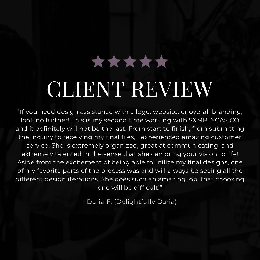 “One of my favorite parts of the process was and will always be seeing all the different design iterations. She does such an amazing job, that choosing one will be difficult!.”
Another thoughtful review from one of my returning clients.
Daria was amazing and fun to work with throughout this whole process. She had a specific vision, and I was able to bring it to life.
SXMPLYCAS CO’s work speaks for itself.
Only a few spots are available for booking in April! If. You’re ready to book in advance, submit an inquiry at www.sxmplycasco.com or click the link in my bio!
#brandidentity #brandidentitydesign #branddesign #branddesigner #brandstrategy #logodesigner #logodesigns #socialmediamanager #luxurybranding #colorpaletteinspiration #marylandgraphicdesigner #designbrief #designcommunity #dmventrepreneurs #dmvgraphicdesigner #smallbizowner #womeninbusiness